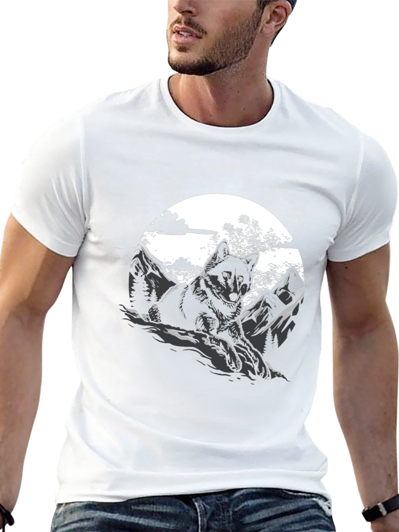 Wolf & Mountain Graphic T-Shirt - Stylish Mens Tee