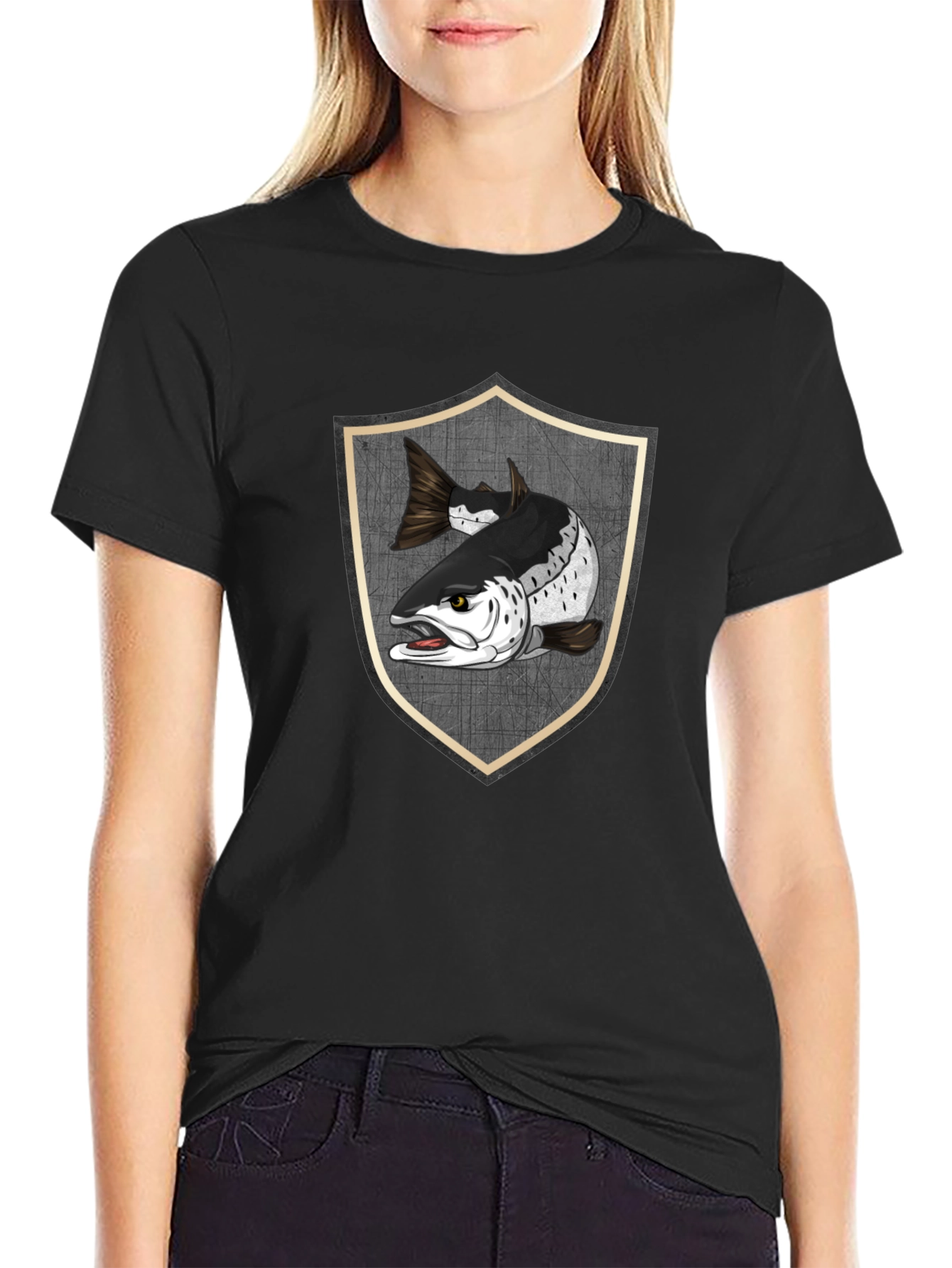 Black T-Shirt with Fish Shield Graphic