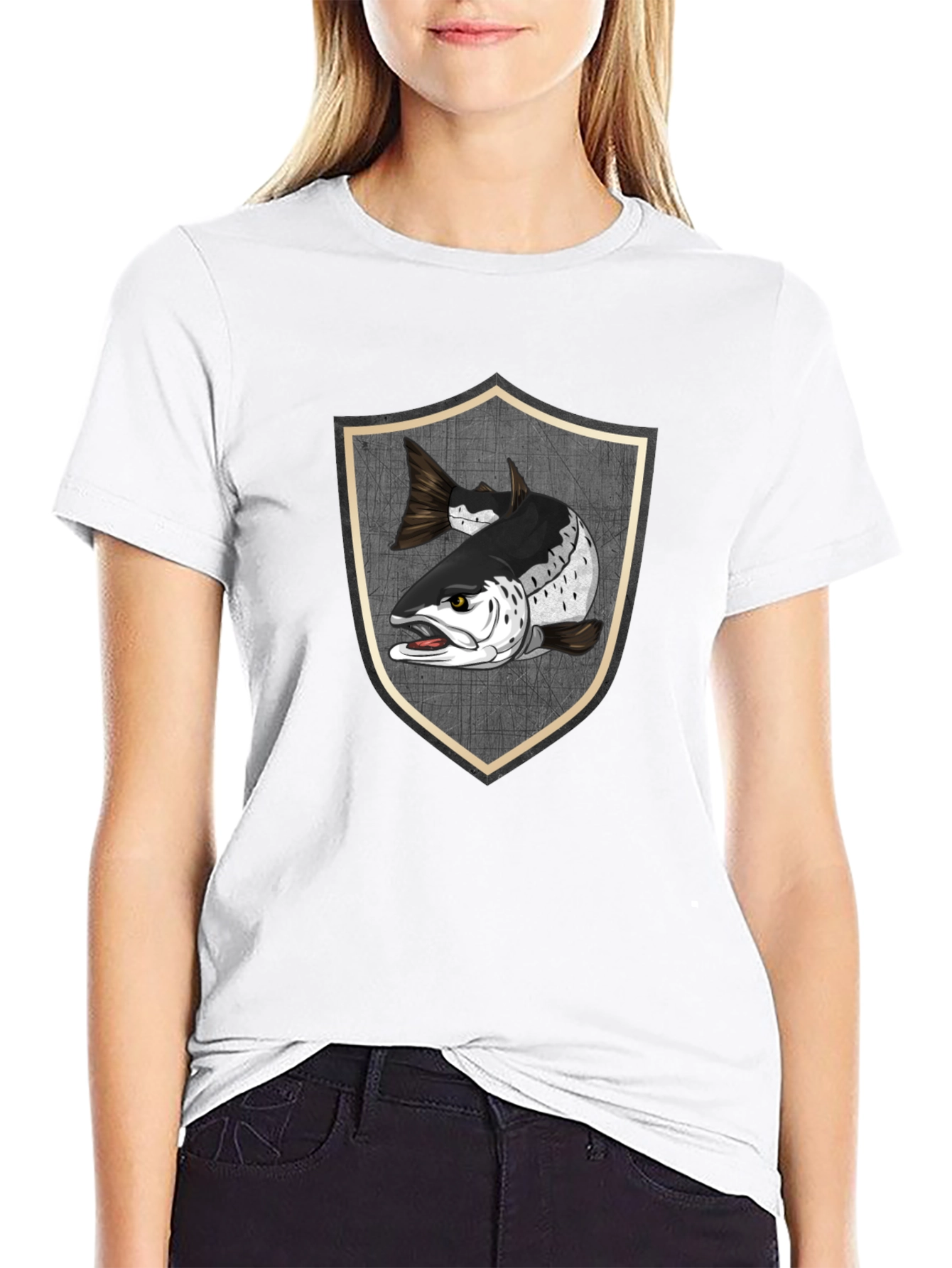 Black T-Shirt with Fish Shield Graphic