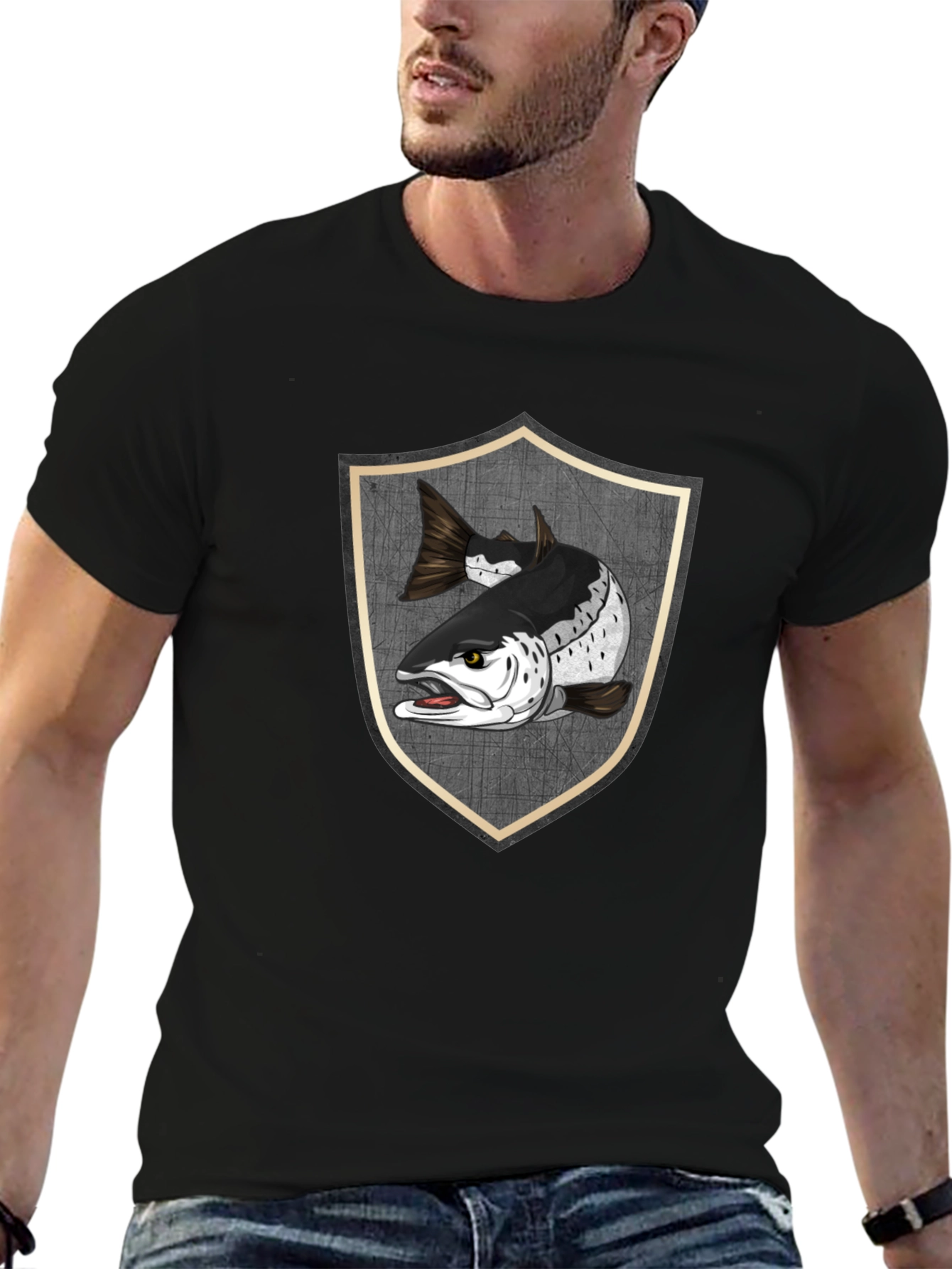 Black T-Shirt with Fish Shield Graphic
