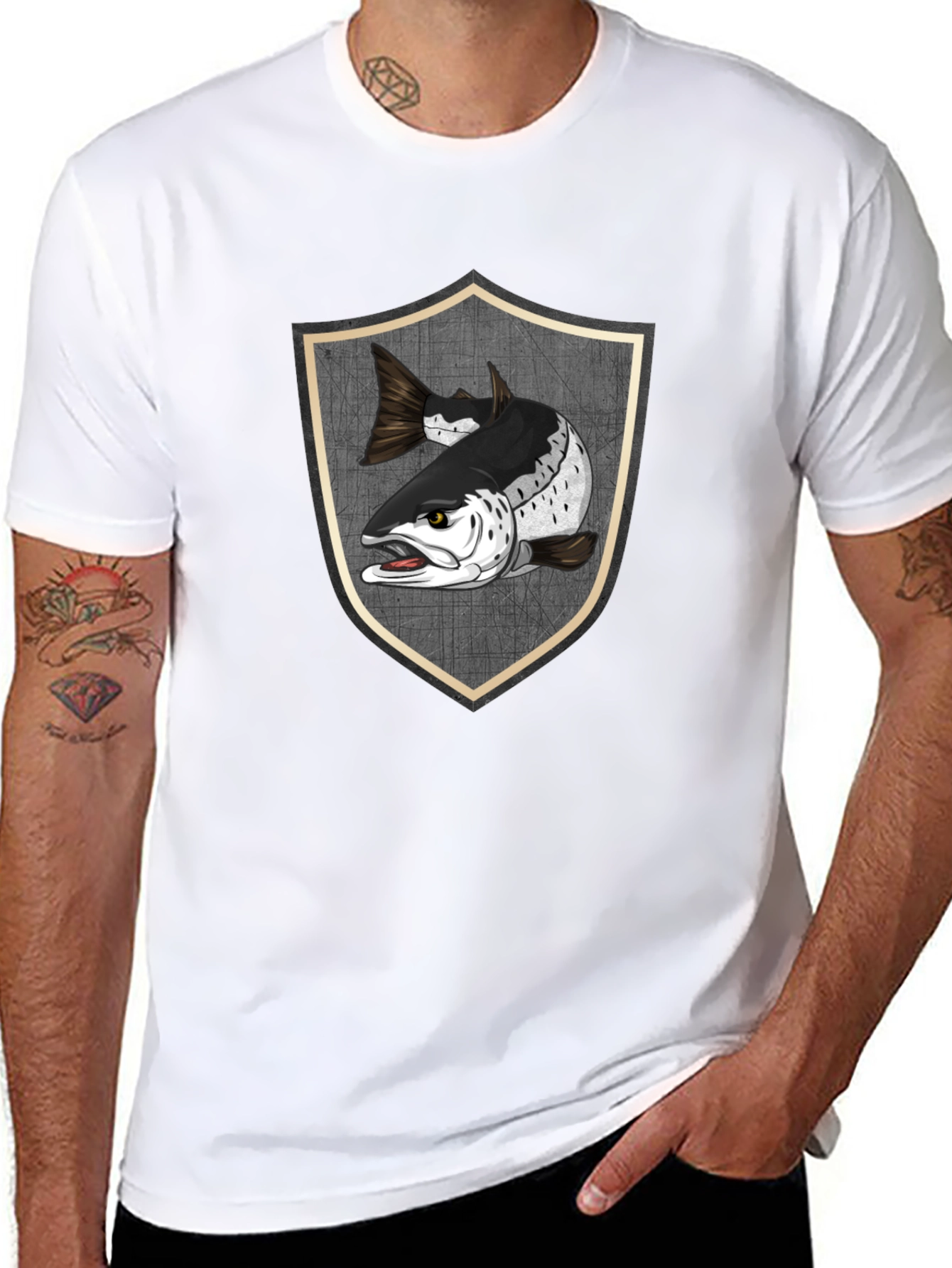 Black T-Shirt with Fish Shield Graphic