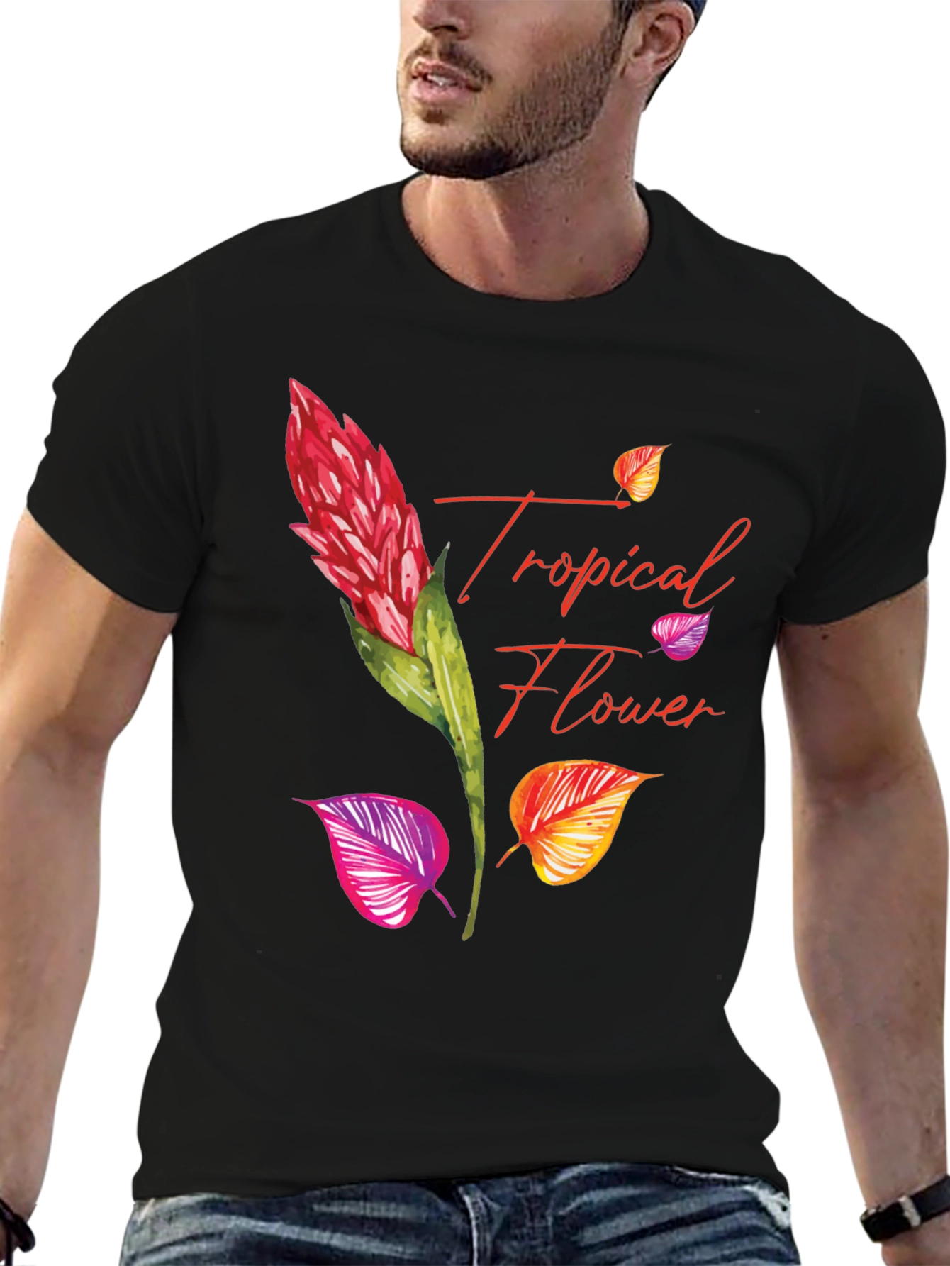 Tropical Flower Print Black T-Shirt