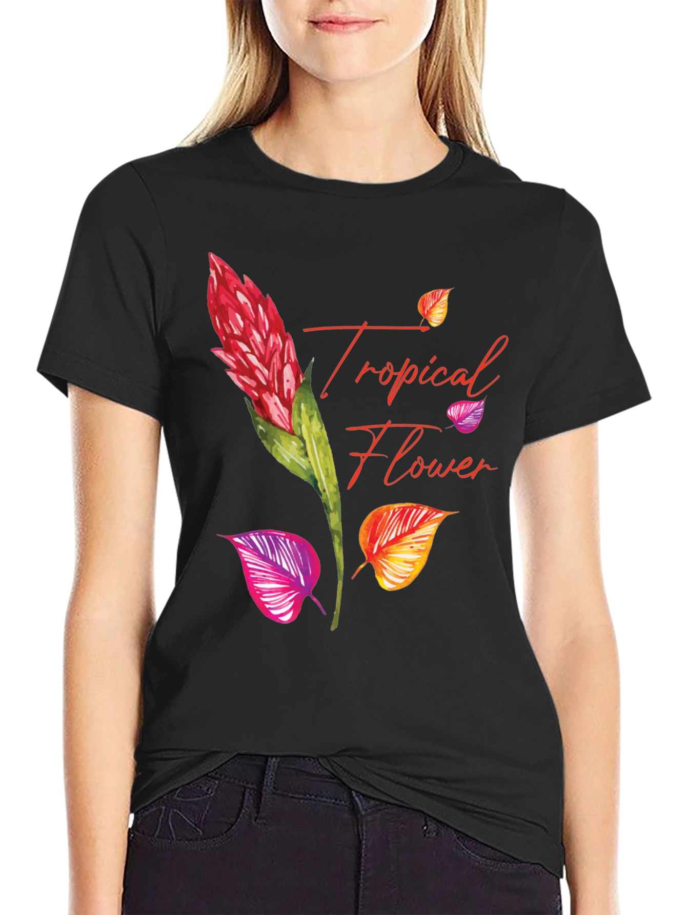 Tropical Flower Print Black T-Shirt