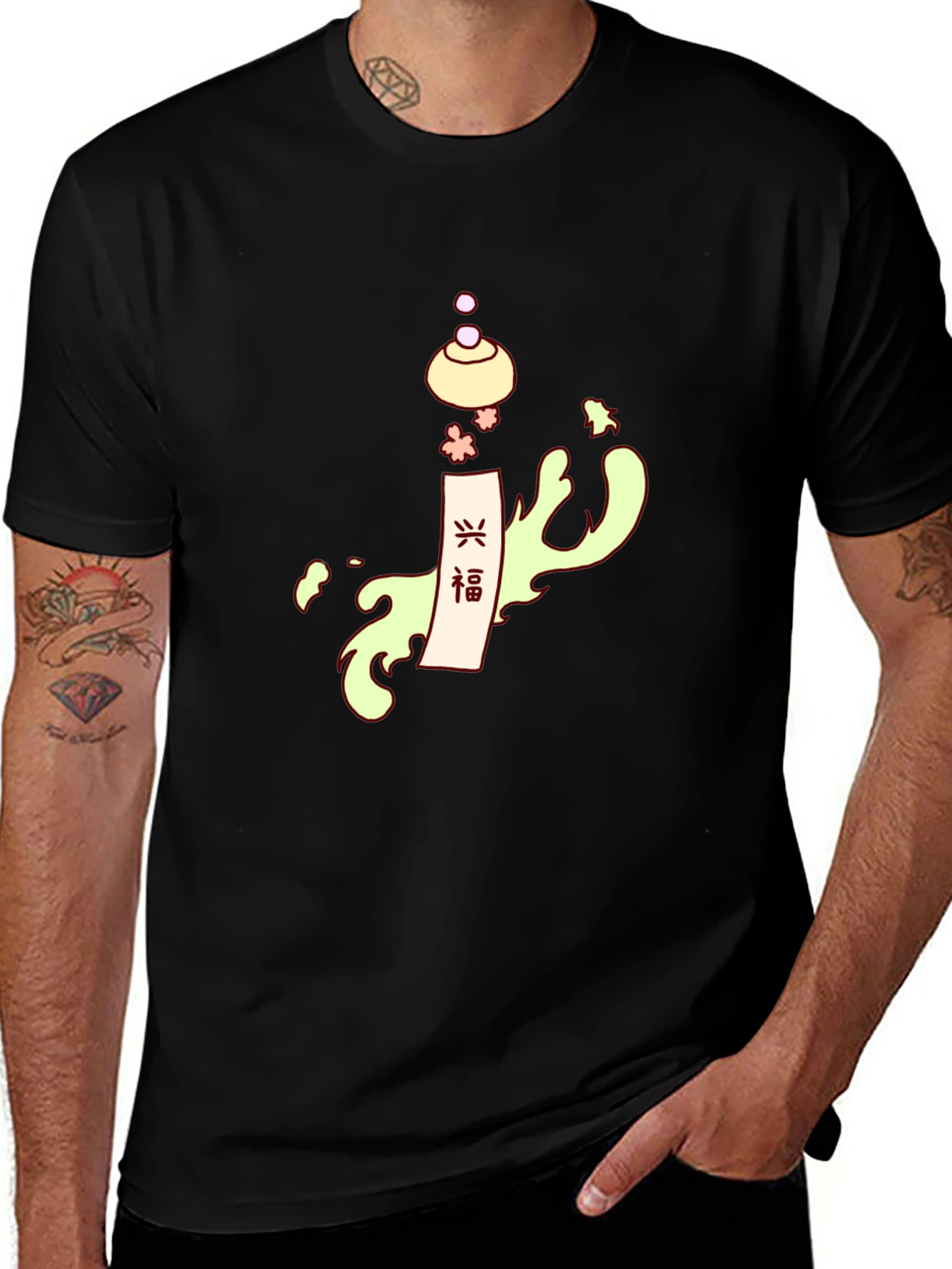 Stylish Black Tee with Japanese-Inspired Graphic