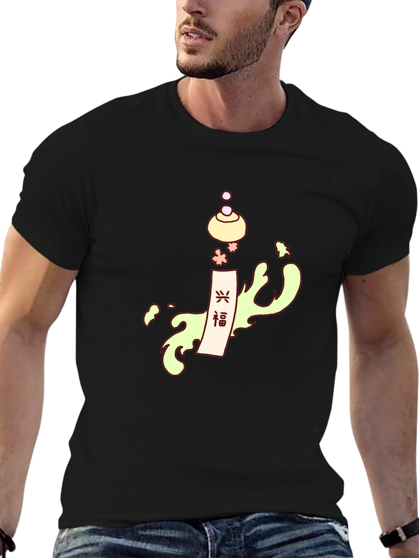Stylish Black Tee with Japanese-Inspired Graphic