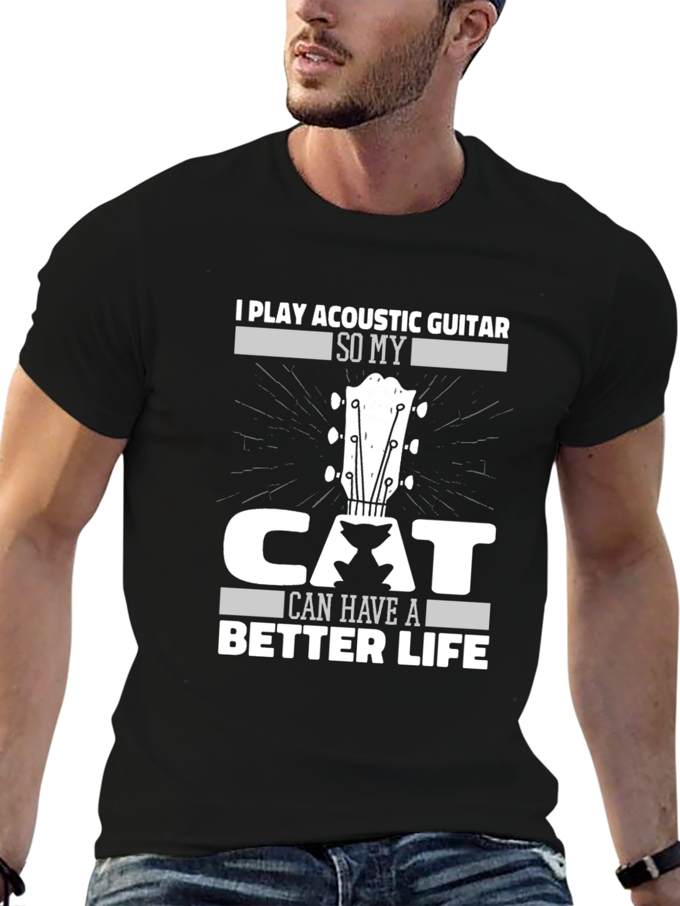 Acoustic Guitar Cat Lover Black T-Shirt