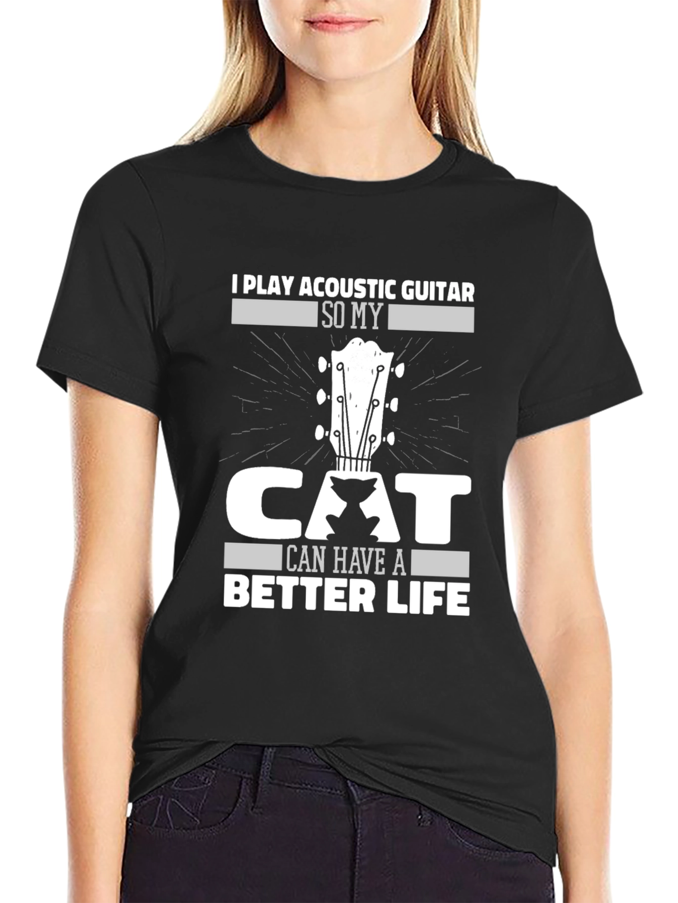 Acoustic Guitar Cat Lover Black T-Shirt