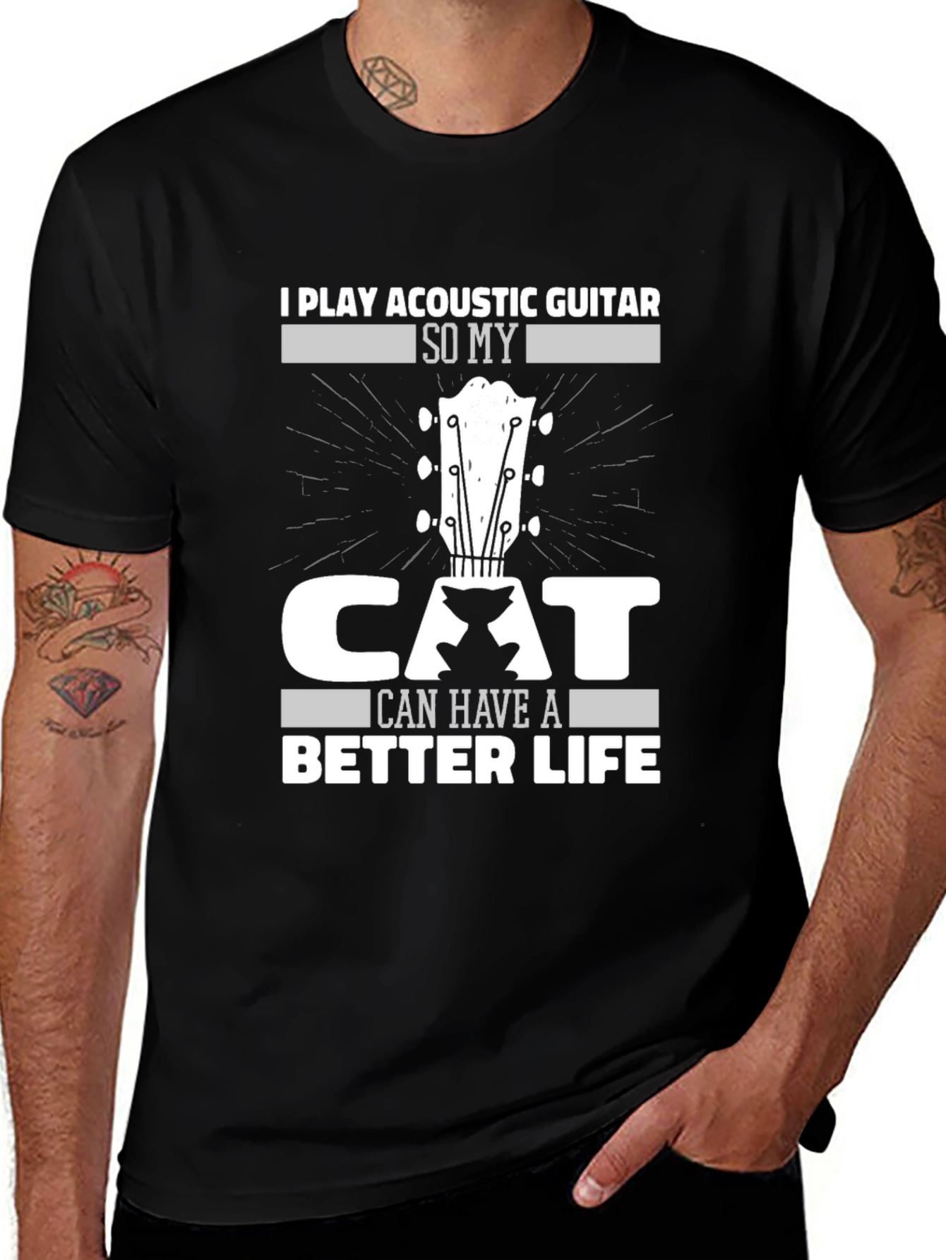 Acoustic Guitar Cat Lover Black T-Shirt