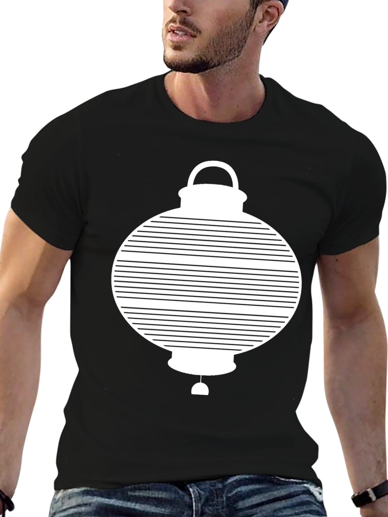 Modern Graphic Lantern Print Black T-Shirt