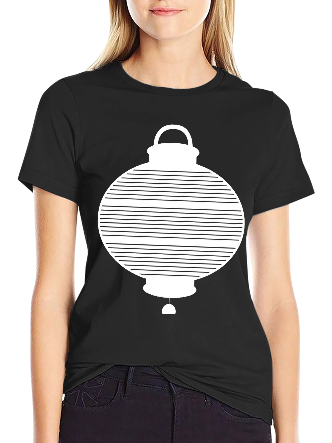 Modern Graphic Lantern Print Black T-Shirt