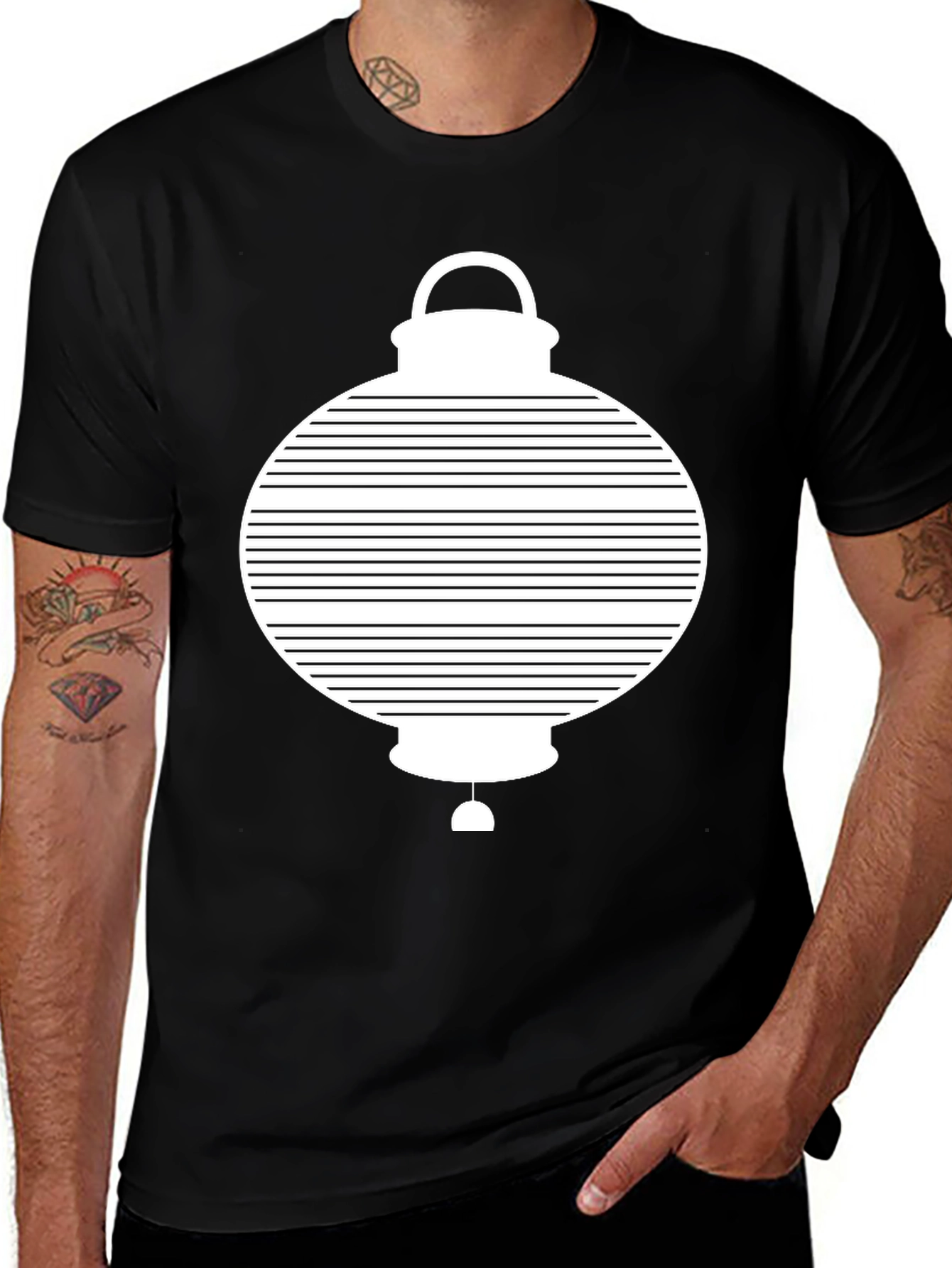 Modern Graphic Lantern Print Black T-Shirt