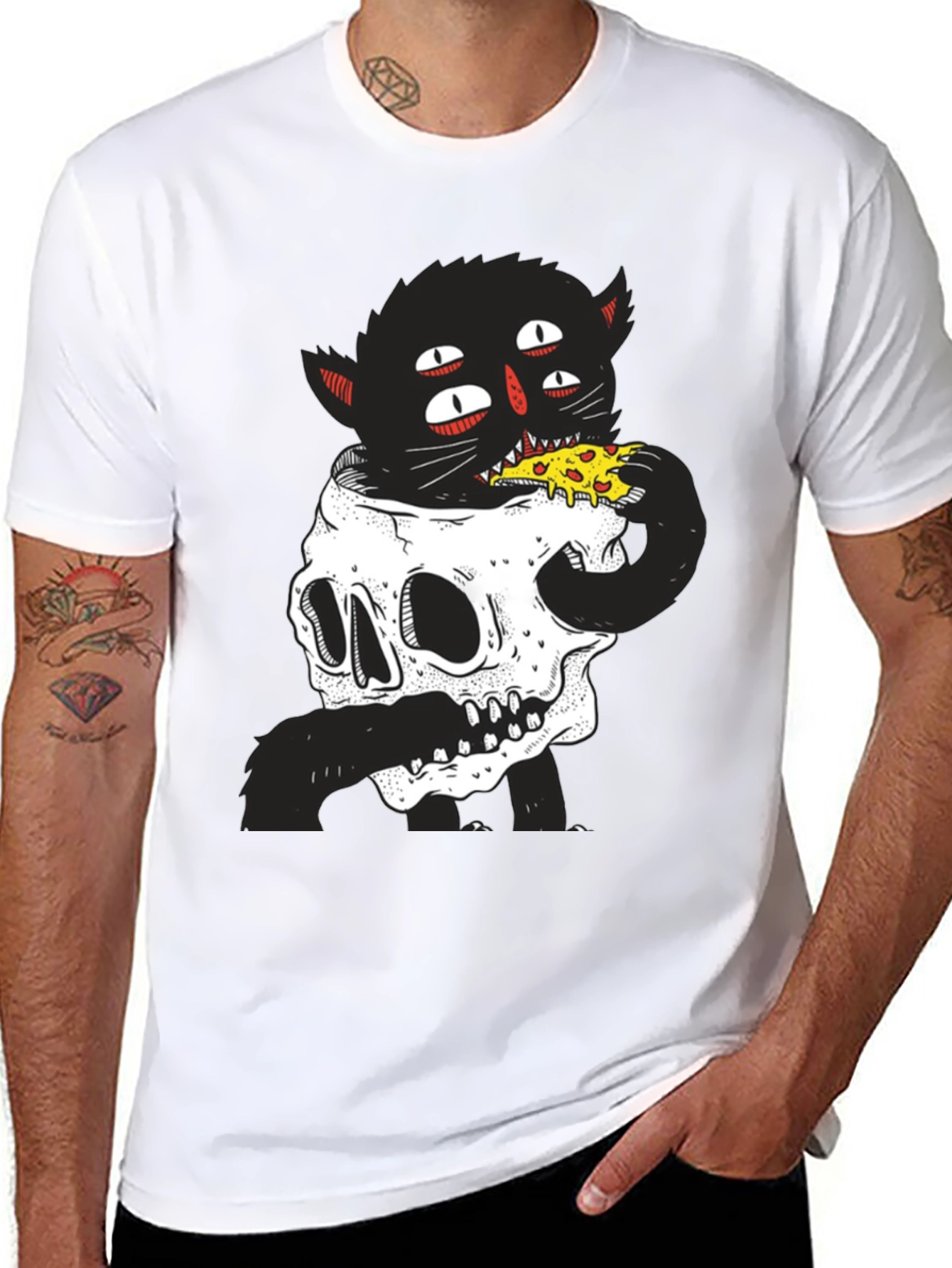 Skull Cat Pizza Black T-Shirt