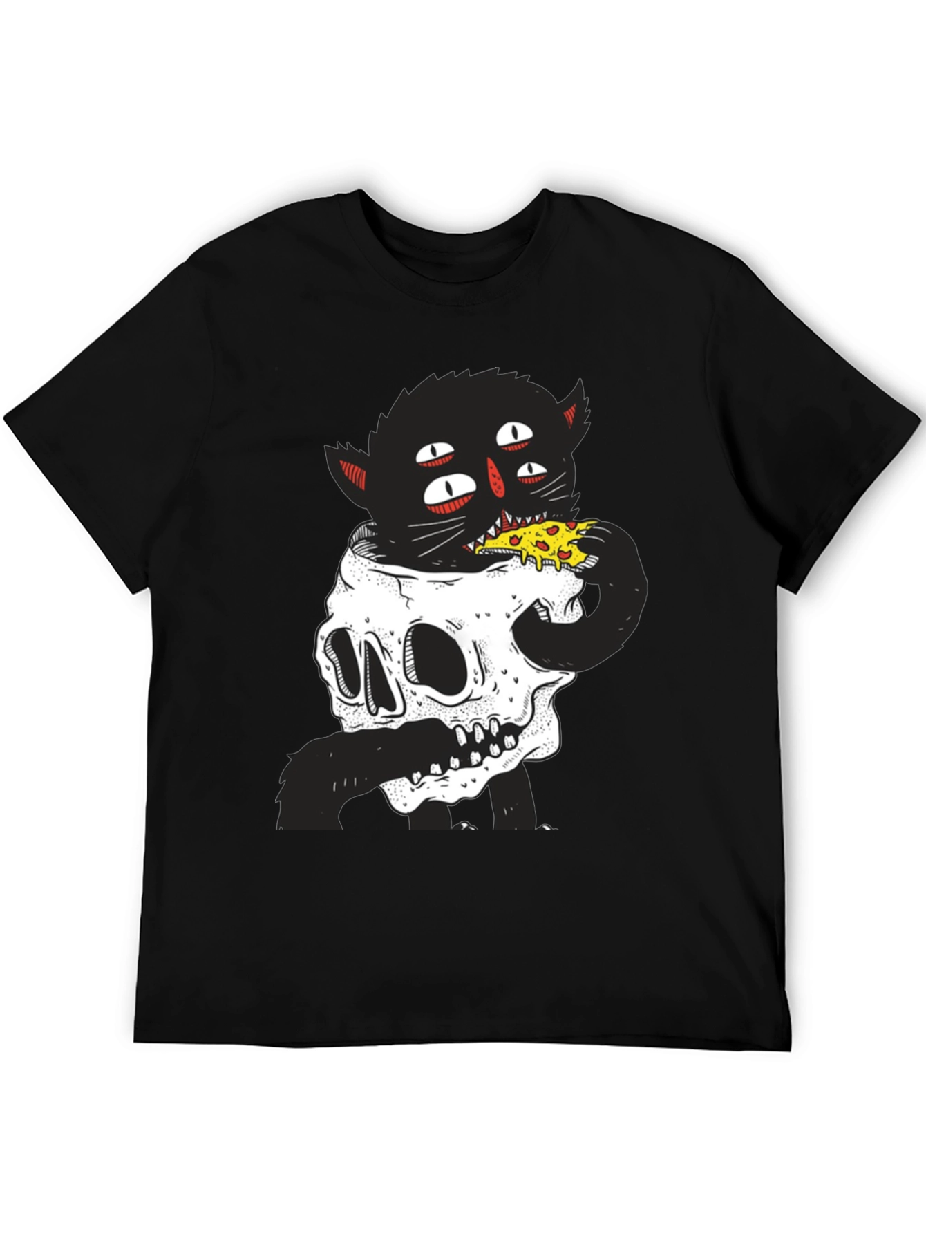 Skull Cat Pizza Black T-Shirt