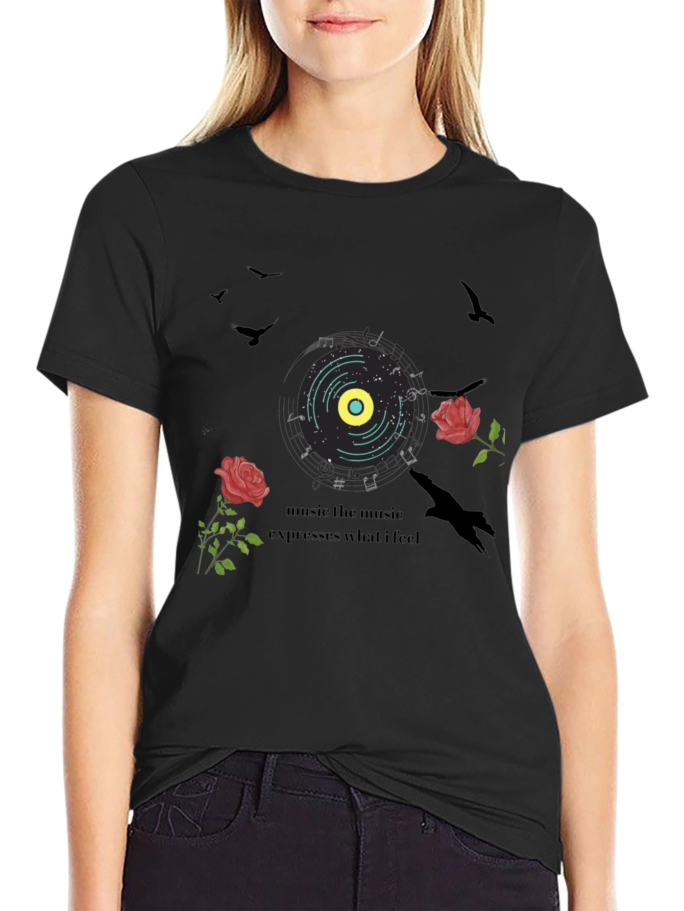 Music Lovers Graphic Tee: Roses & Vinyl