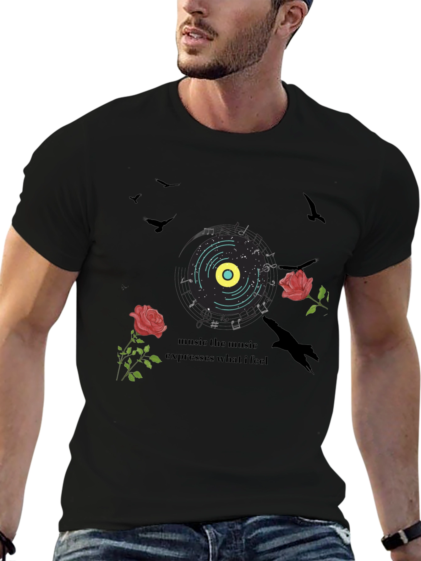 Music Lovers Graphic Tee: Roses & Vinyl