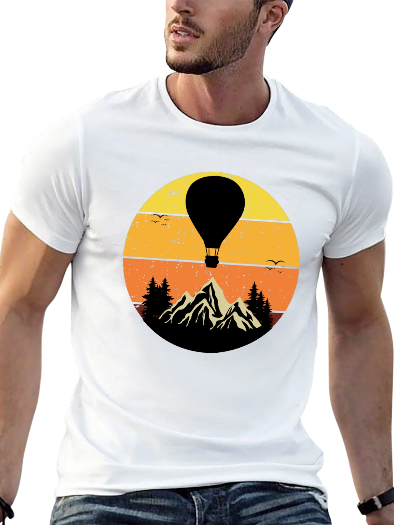 Retro Hot Air Balloon Mountain Graphic T-Shirt