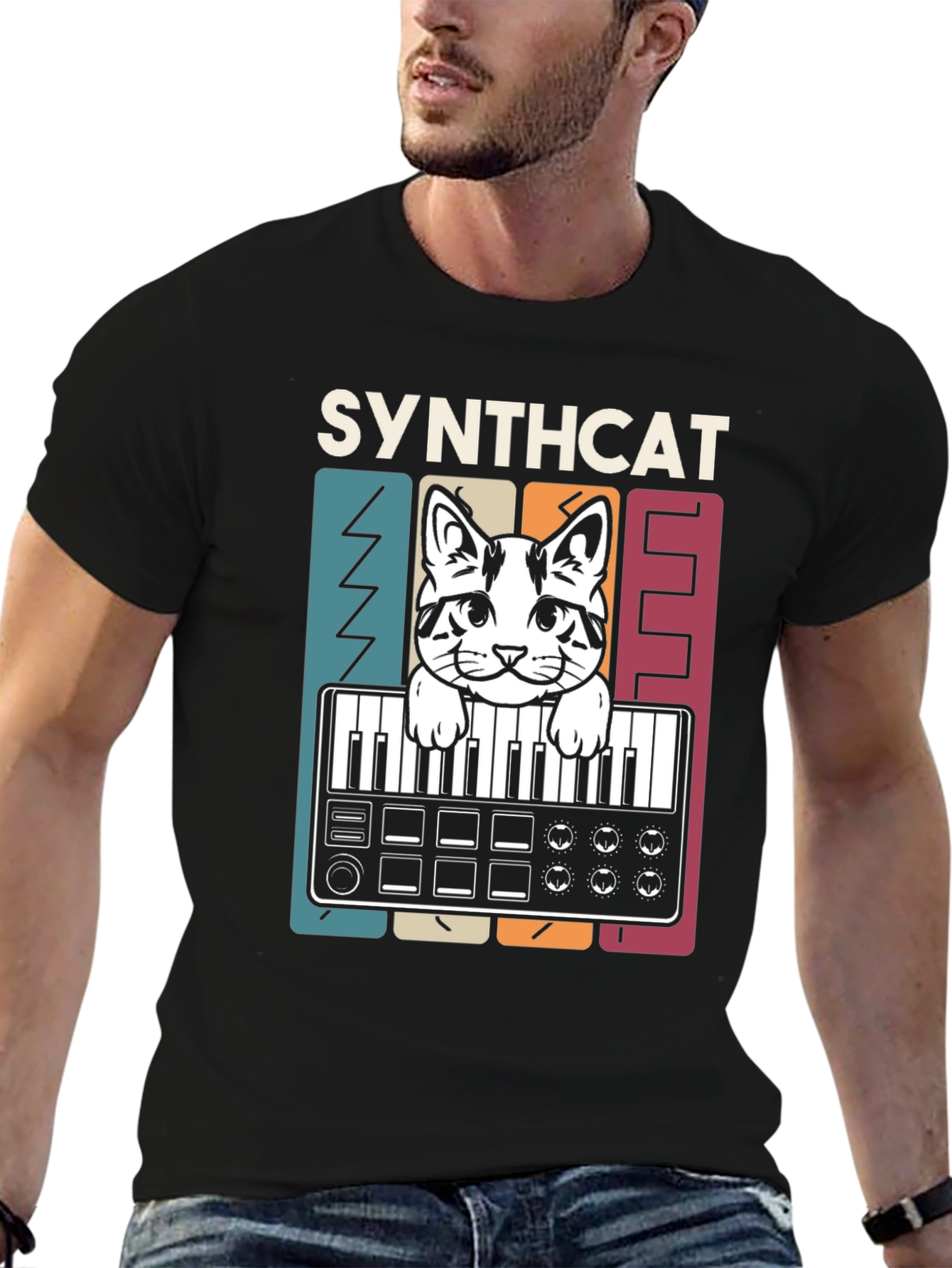 Synthcat T-Shirt - Musical Cat Keyboard Design