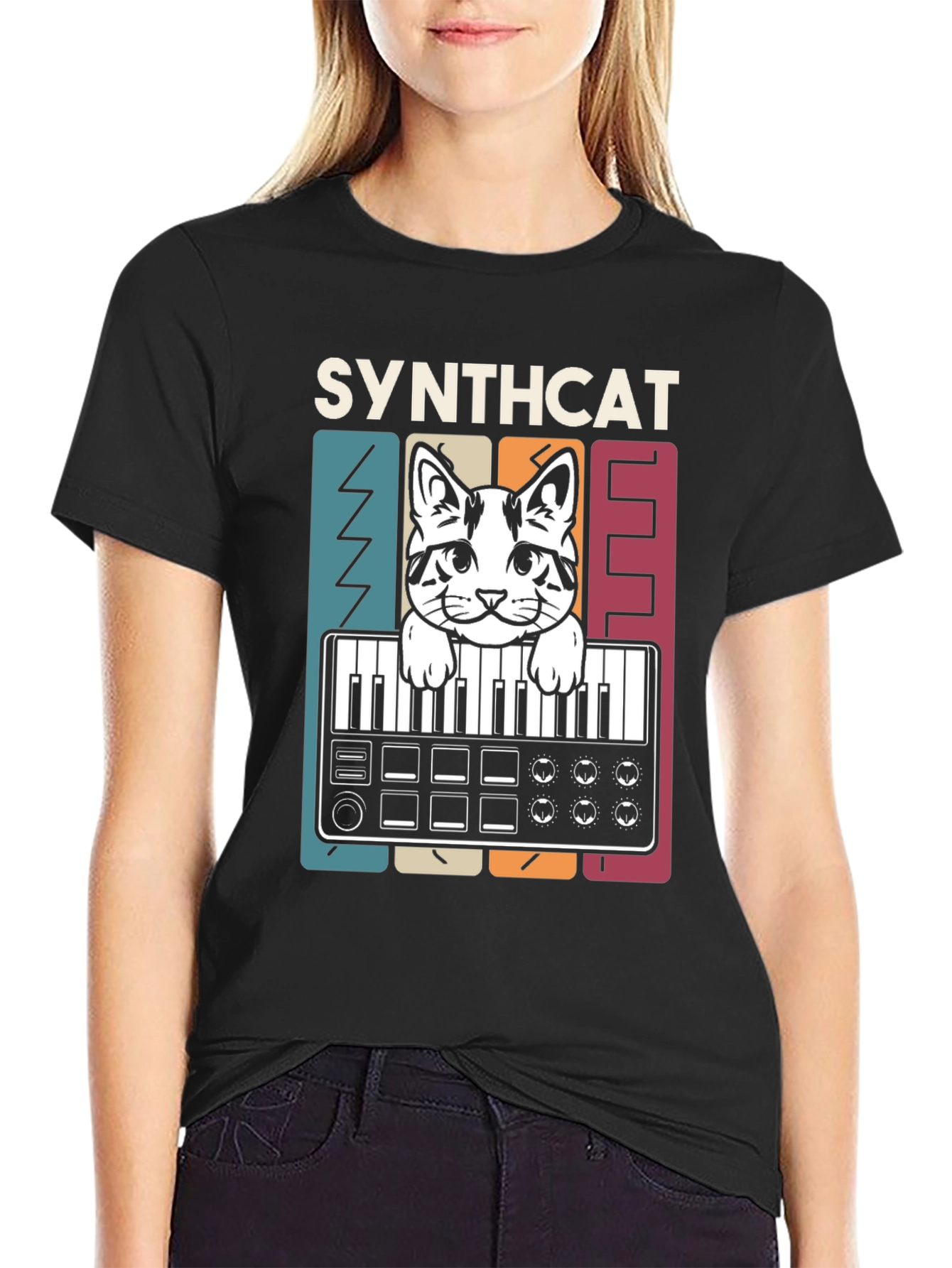 Synthcat T-Shirt - Musical Cat Keyboard Design