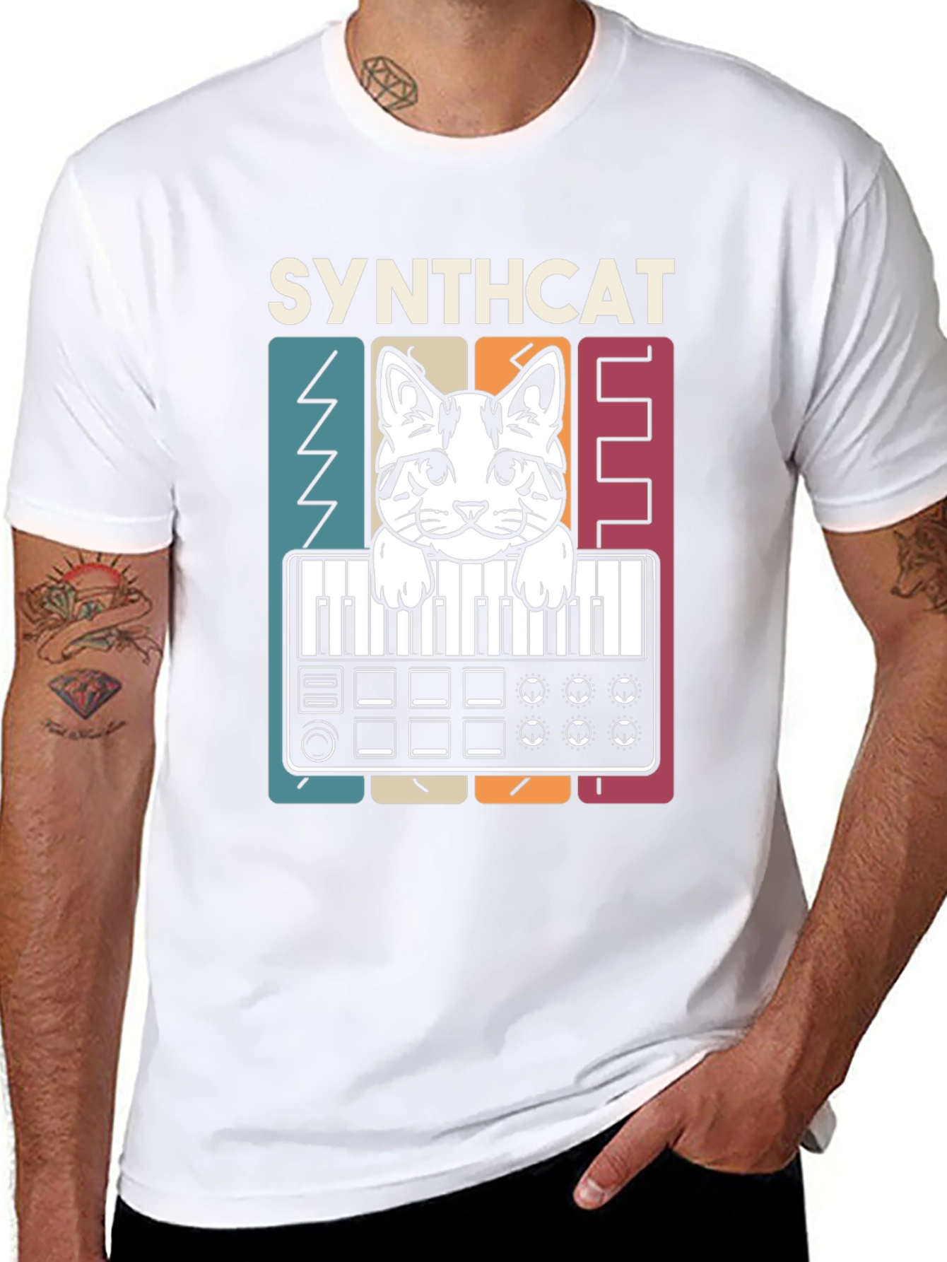 Synthcat T-Shirt - Musical Cat Keyboard Design