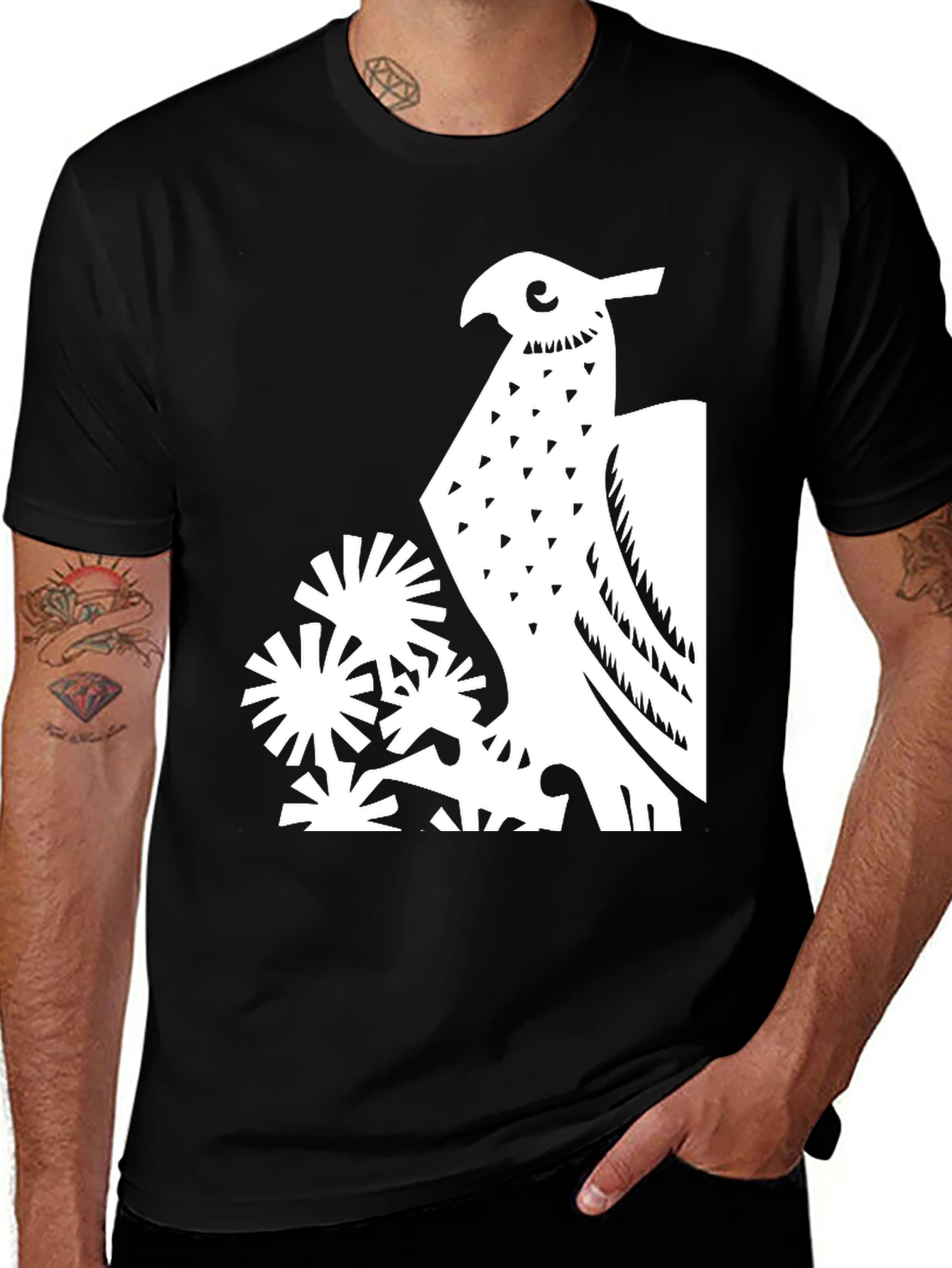 Abstract Bird Graphic Print Tee - Black