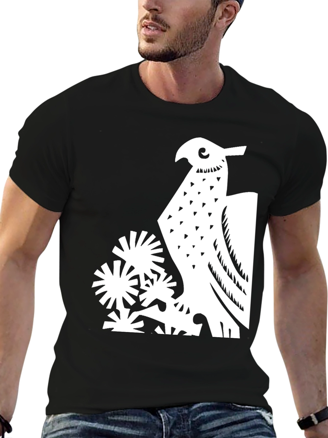 Abstract Bird Graphic Print Tee - Black