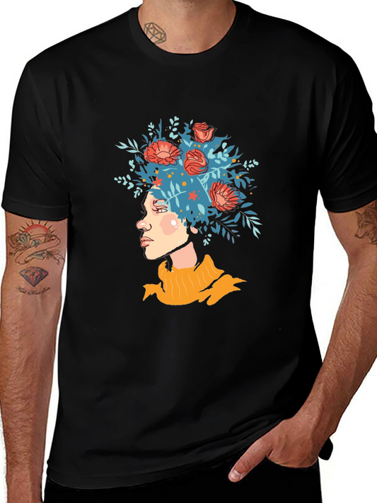 Floral Haired Woman Graphic Tee - Unisex Black T-Shirt