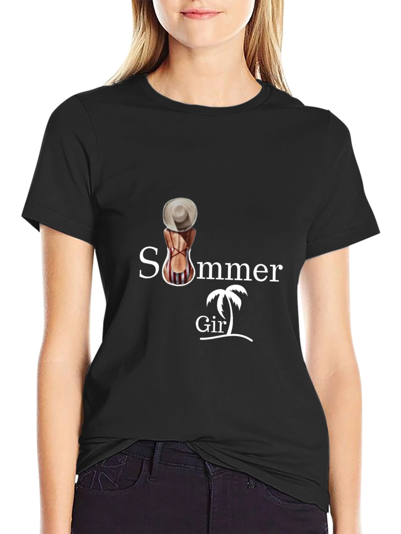 Summer Girl Graphic Tee - Black Cotton T-Shirt