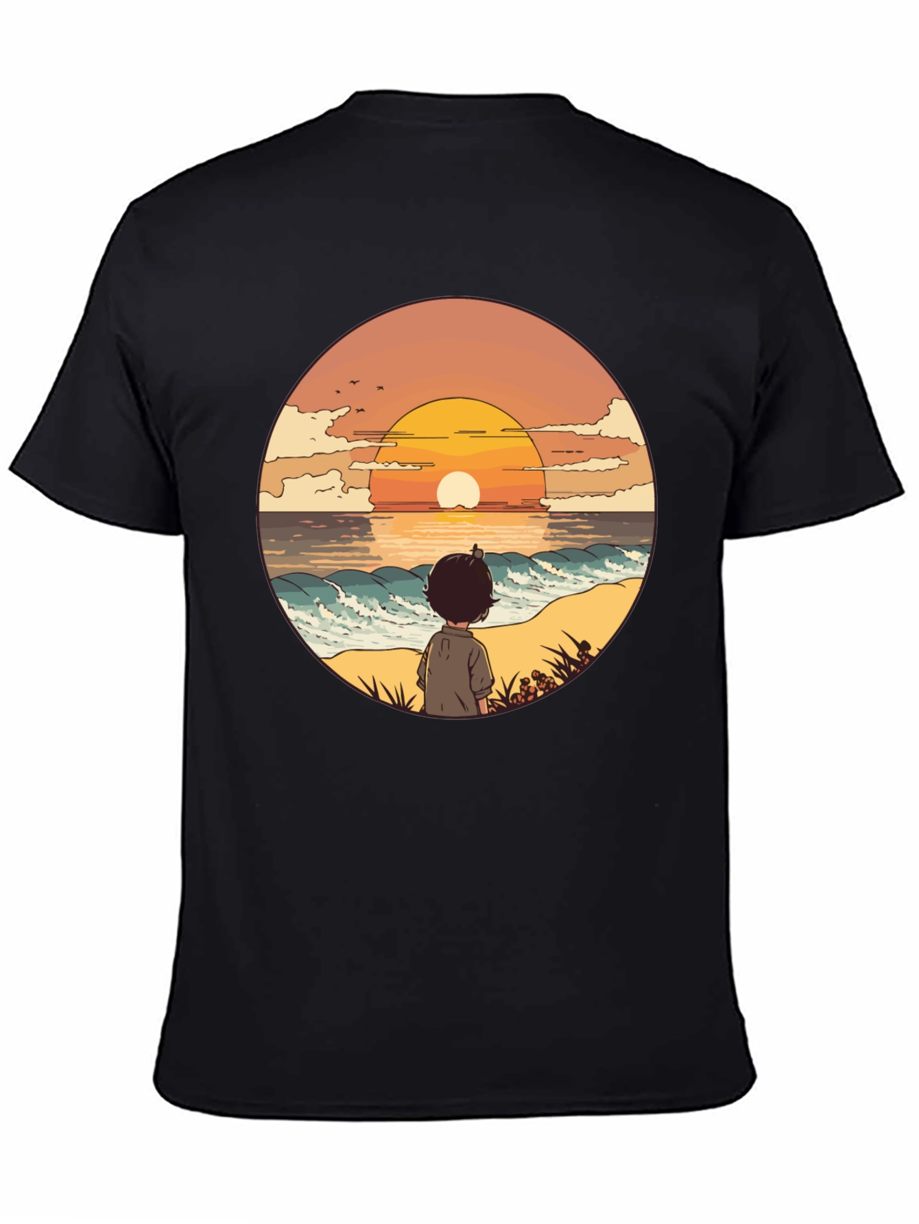 Sunset Beach Boy Graphic Tee - Black Casual Shirt