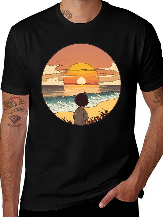 Sunset Beach Boy Graphic Tee - Black Casual Shirt