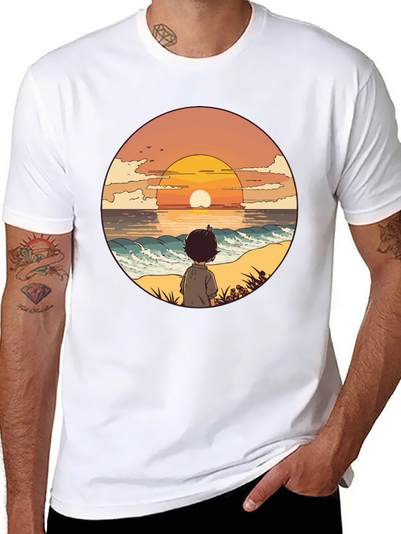Sunset Beach Boy Graphic Tee - Black Casual Shirt
