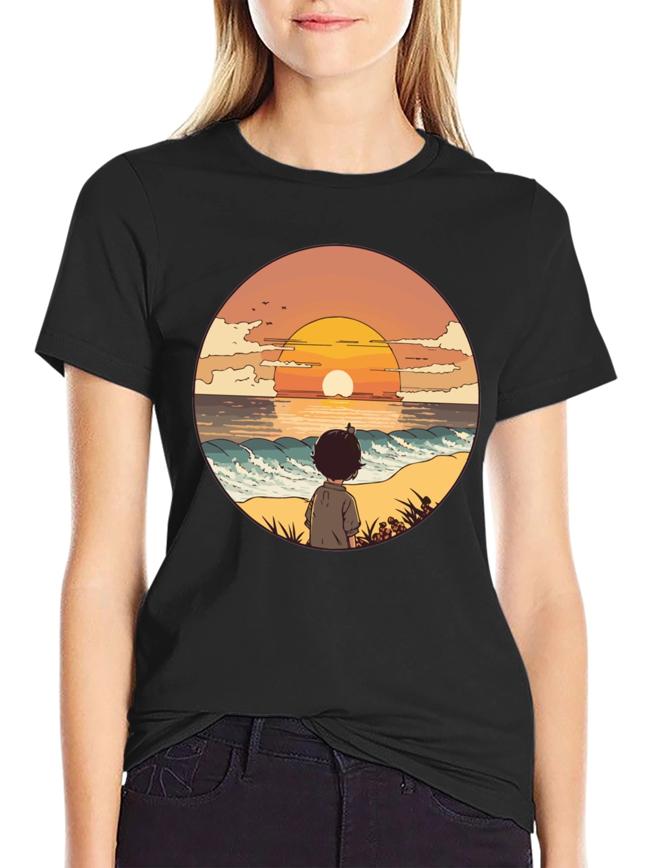 Sunset Beach Boy Graphic Tee - Black Casual Shirt