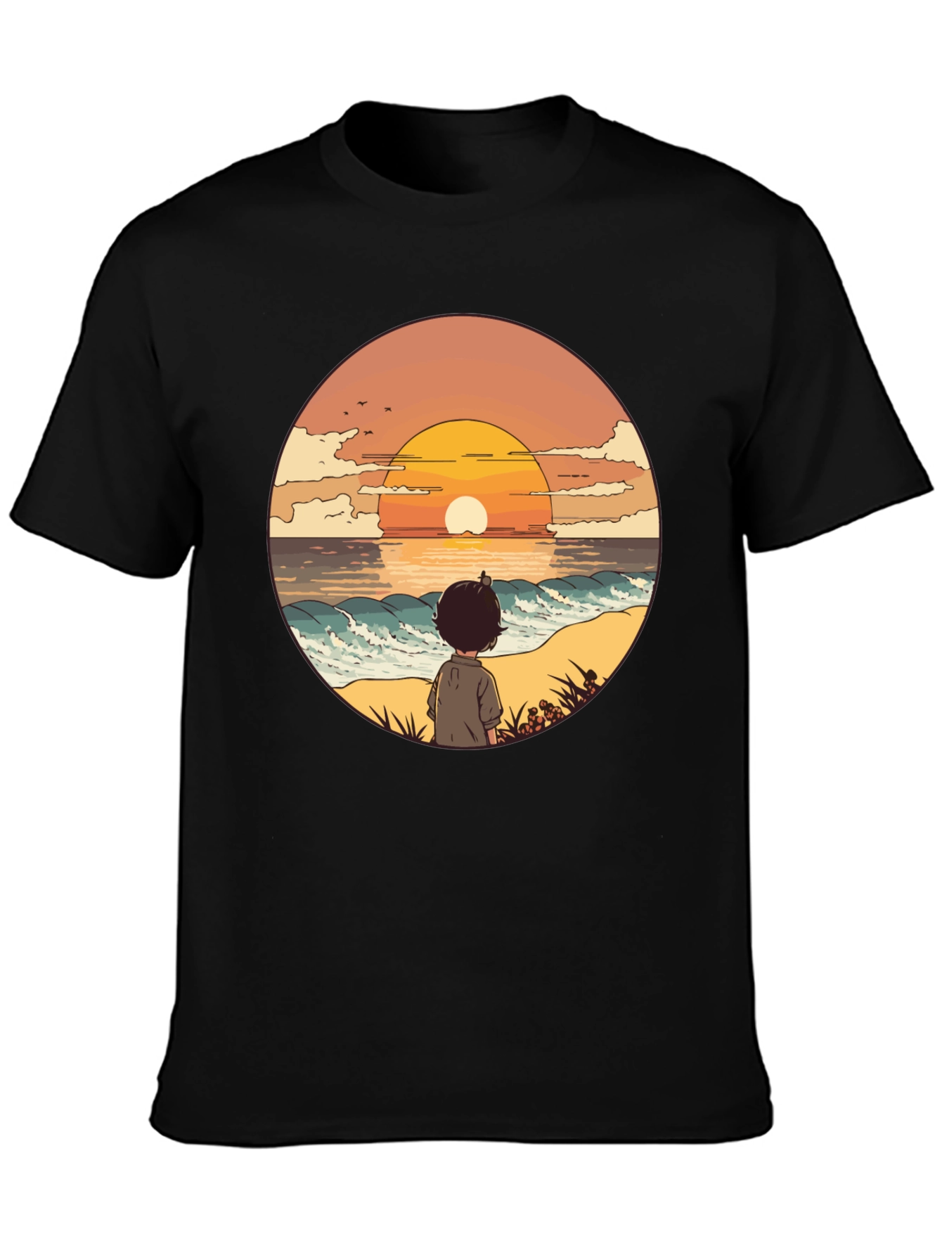 Sunset Beach Boy Graphic Tee - Black Casual Shirt