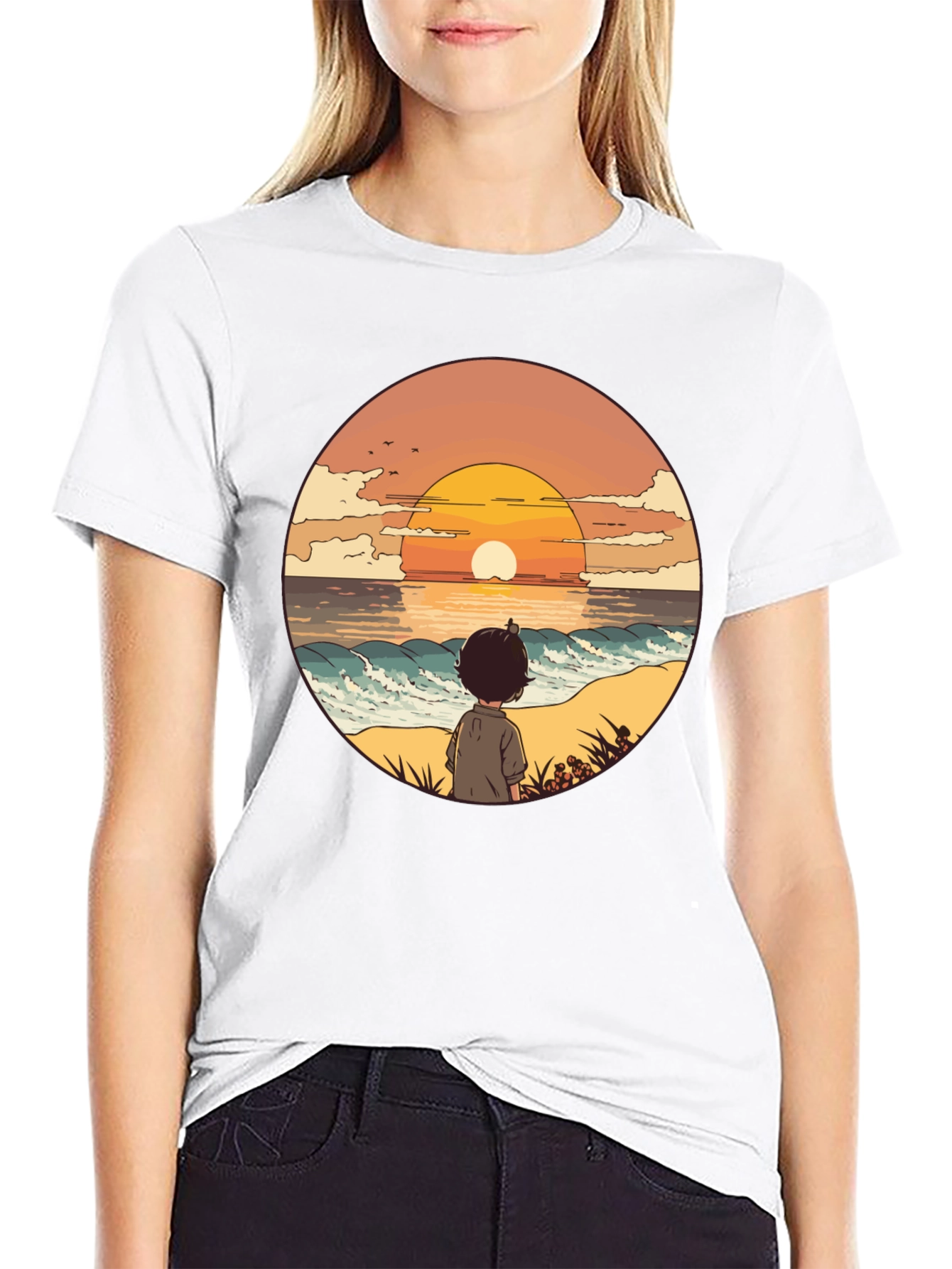 Sunset Beach Boy Graphic Tee - Black Casual Shirt