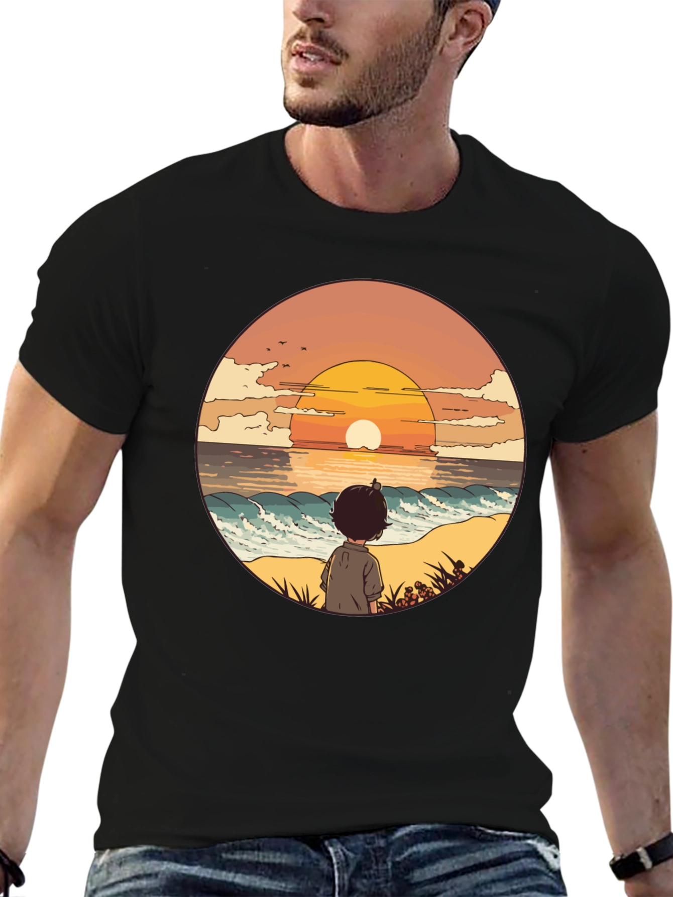 Sunset Beach Boy Graphic Tee - Black Casual Shirt
