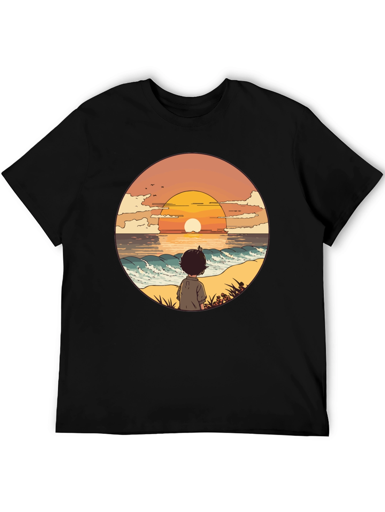Sunset Beach Boy Graphic Tee - Black Casual Shirt