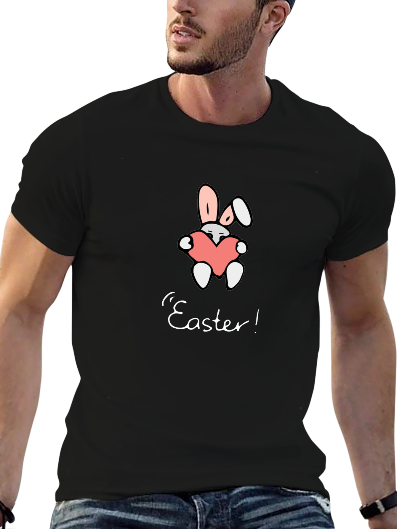 Easter Bunny Heart Graphic Tee - Black Casual T-Shirt