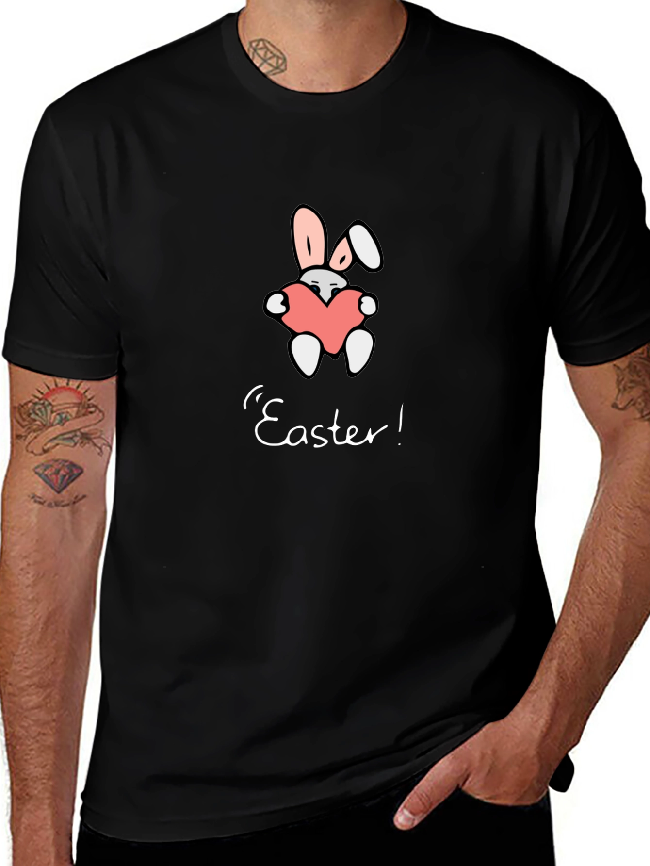 Easter Bunny Heart Graphic Tee - Black Casual T-Shirt