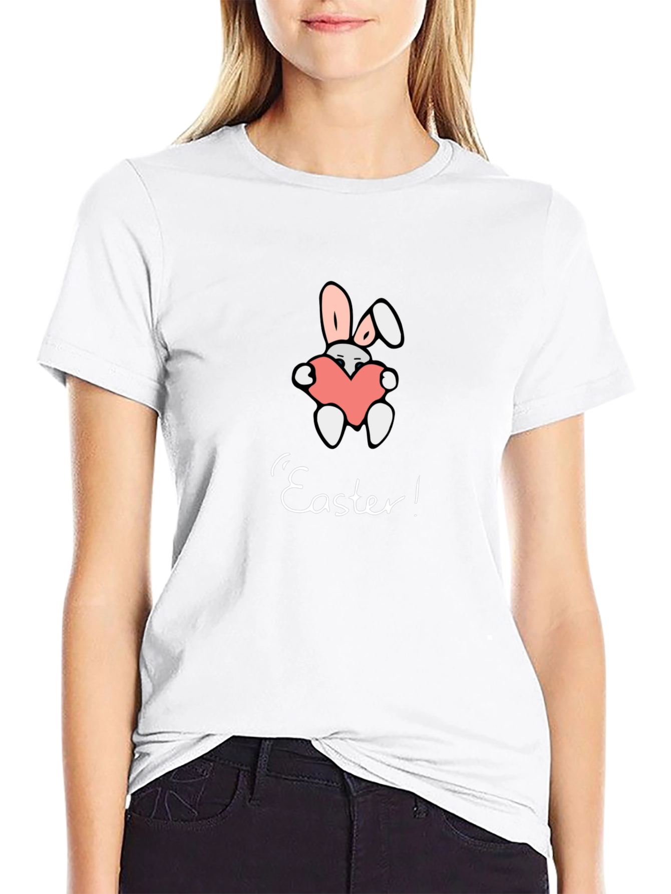 Easter Bunny Heart Graphic Tee - Black Casual T-Shirt