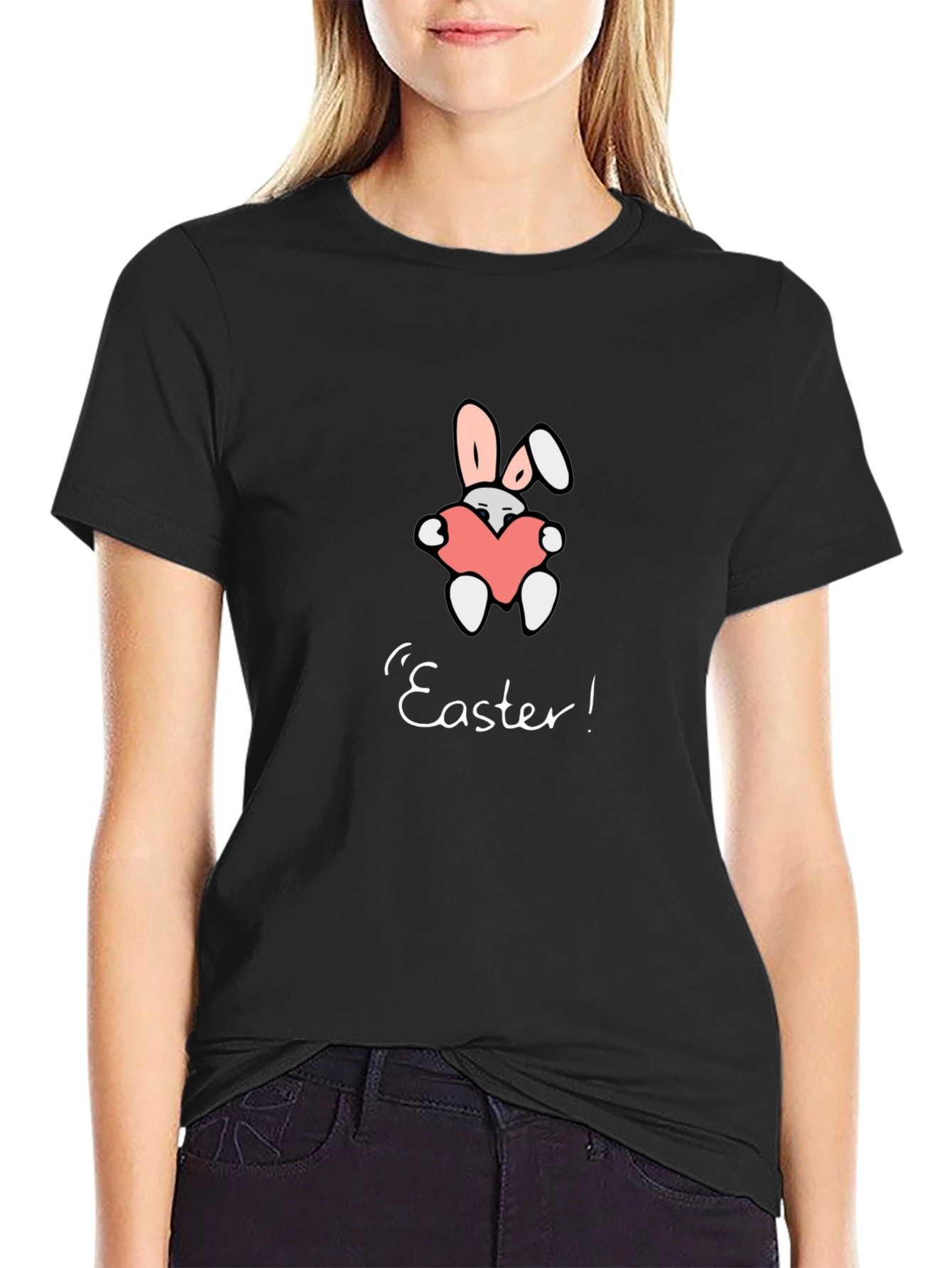 Easter Bunny Heart Graphic Tee - Black Casual T-Shirt