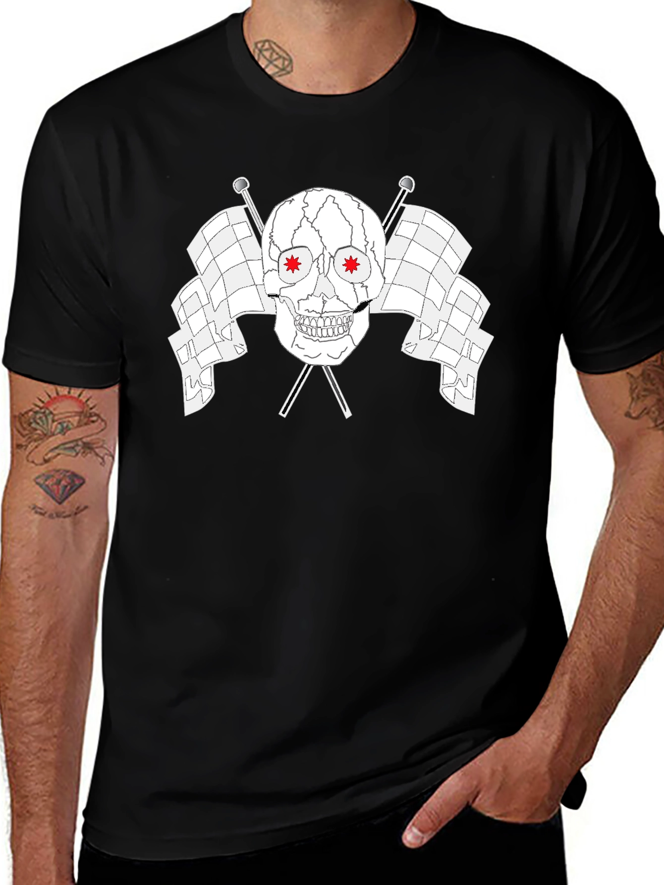 Skull & Checkered Flags Graphic Black T-Shirt