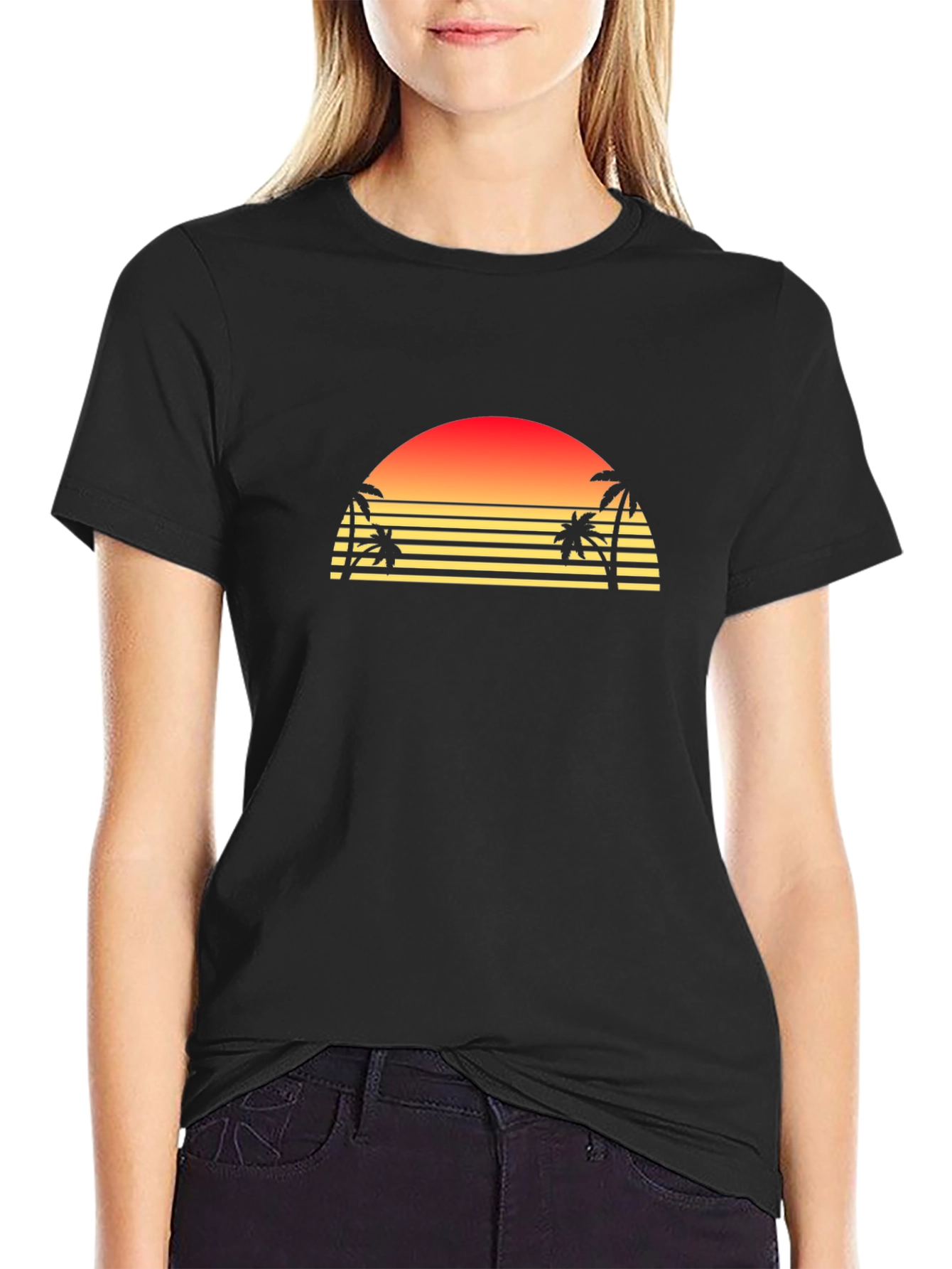 Retro Sunset Palm Tree Graphic T-Shirt - Black