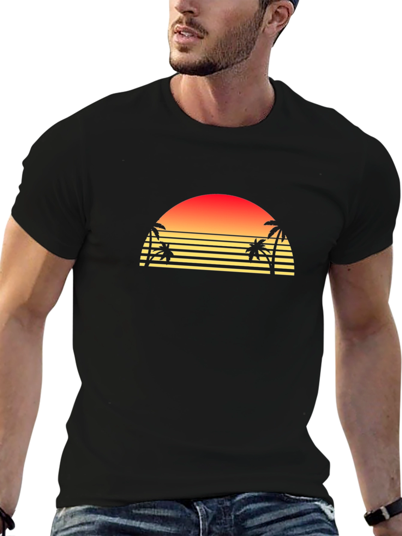 Retro Sunset Palm Tree Graphic T-Shirt - Black