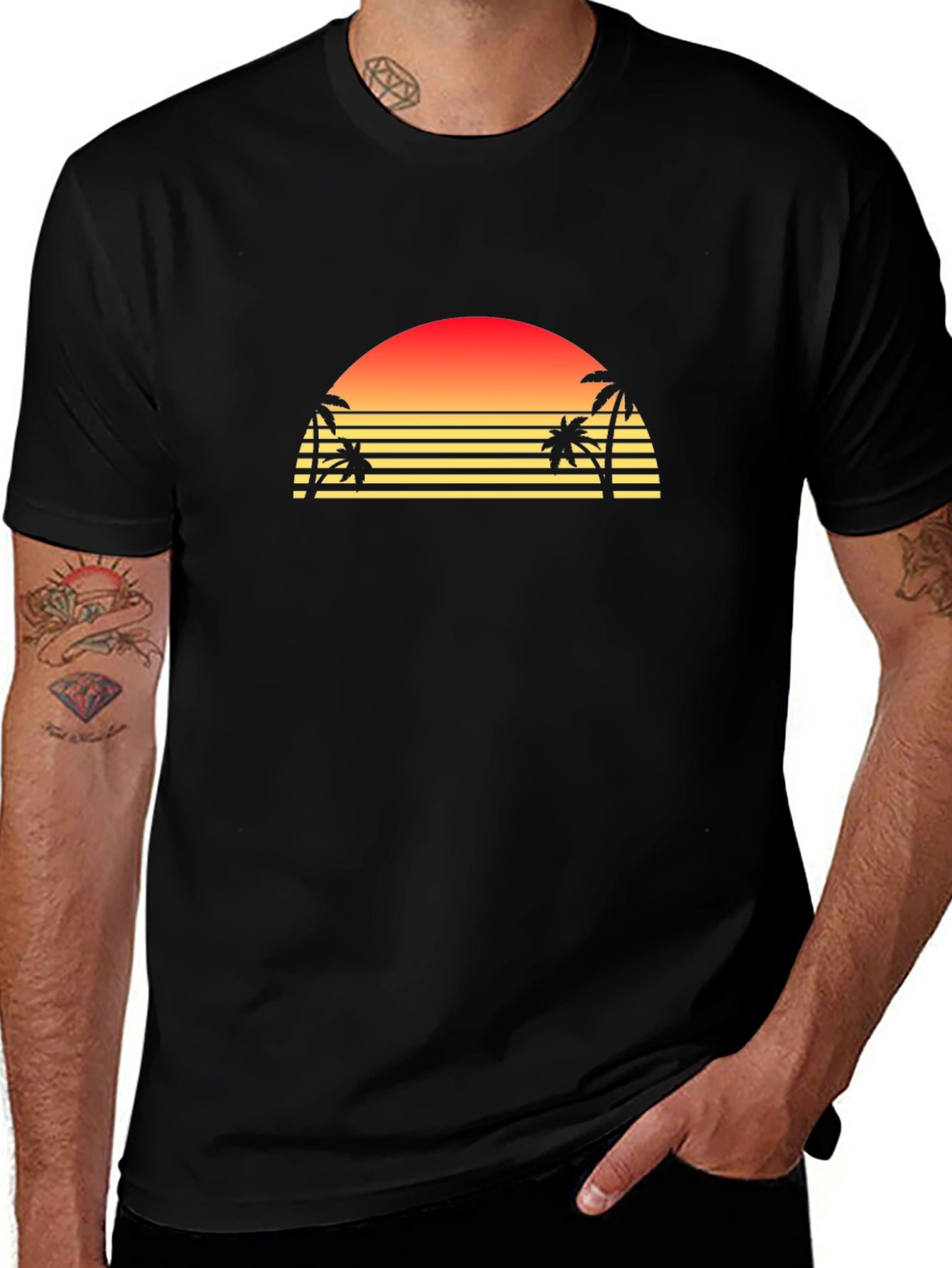 Retro Sunset Palm Tree Graphic T-Shirt - Black