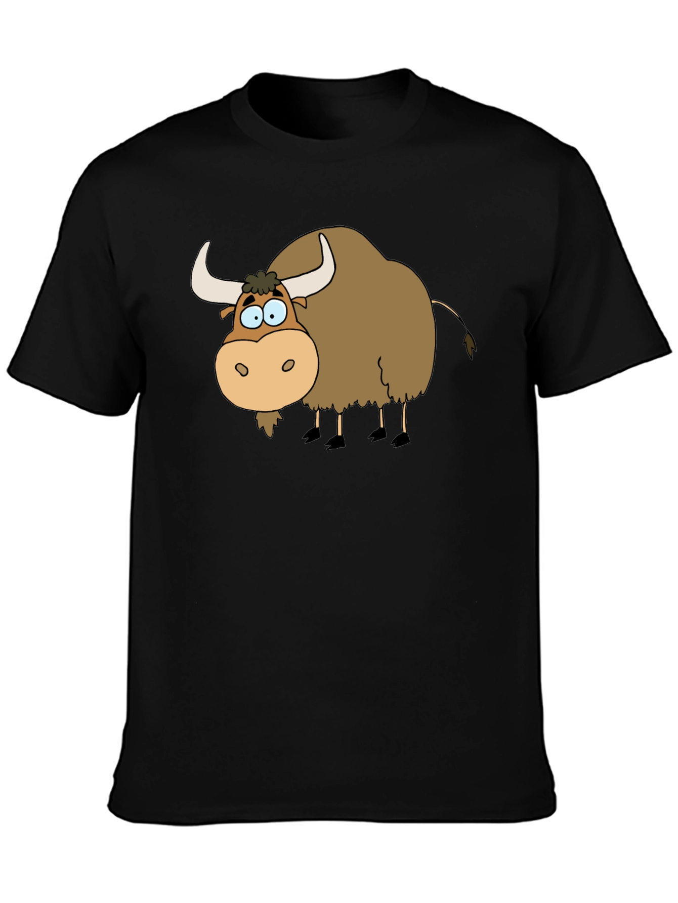 Cartoon Yak Graphic Tee - Black Cotton T-Shirt