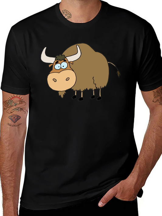Cartoon Yak Graphic Tee - Black Cotton T-Shirt
