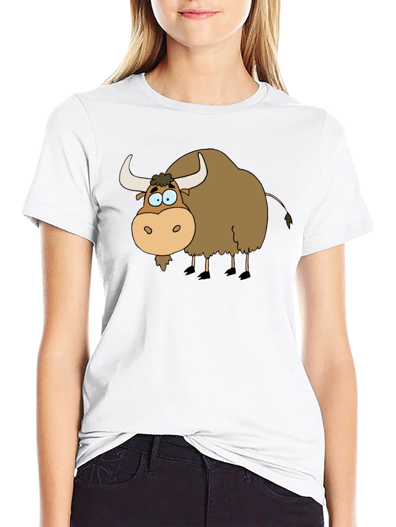 Cartoon Yak Graphic Tee - Black Cotton T-Shirt