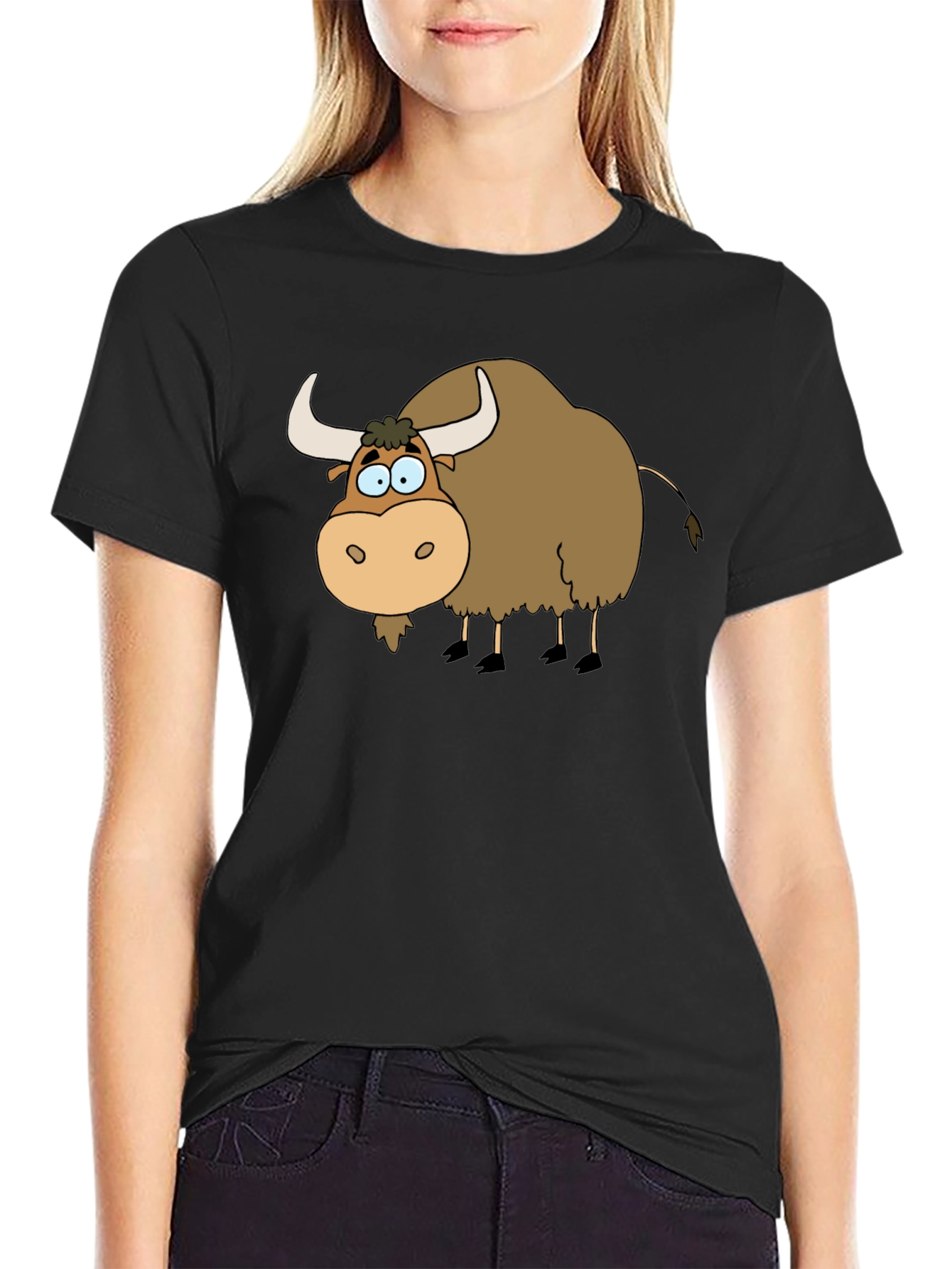 Cartoon Yak Graphic Tee - Black Cotton T-Shirt