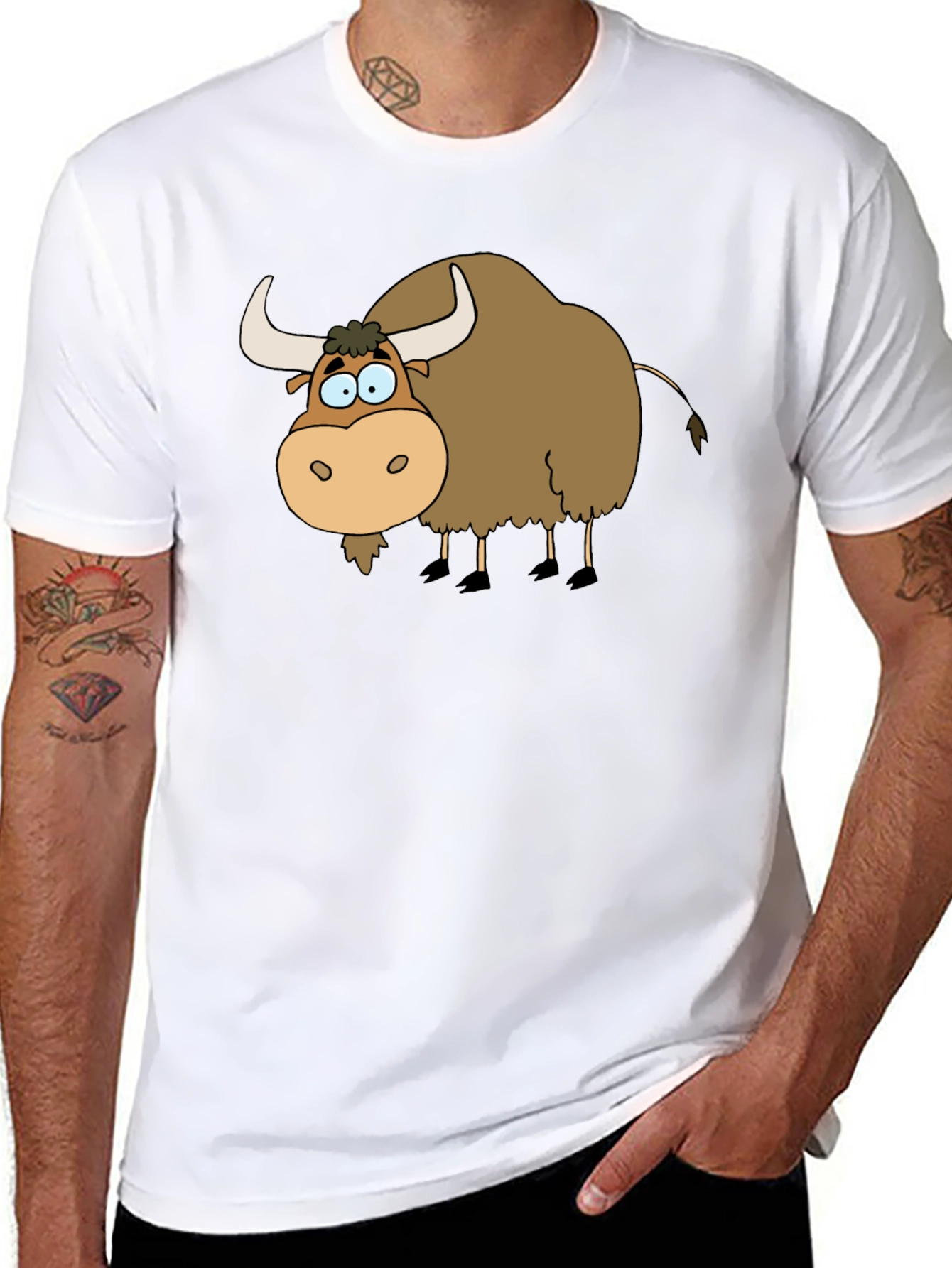Cartoon Yak Graphic Tee - Black Cotton T-Shirt