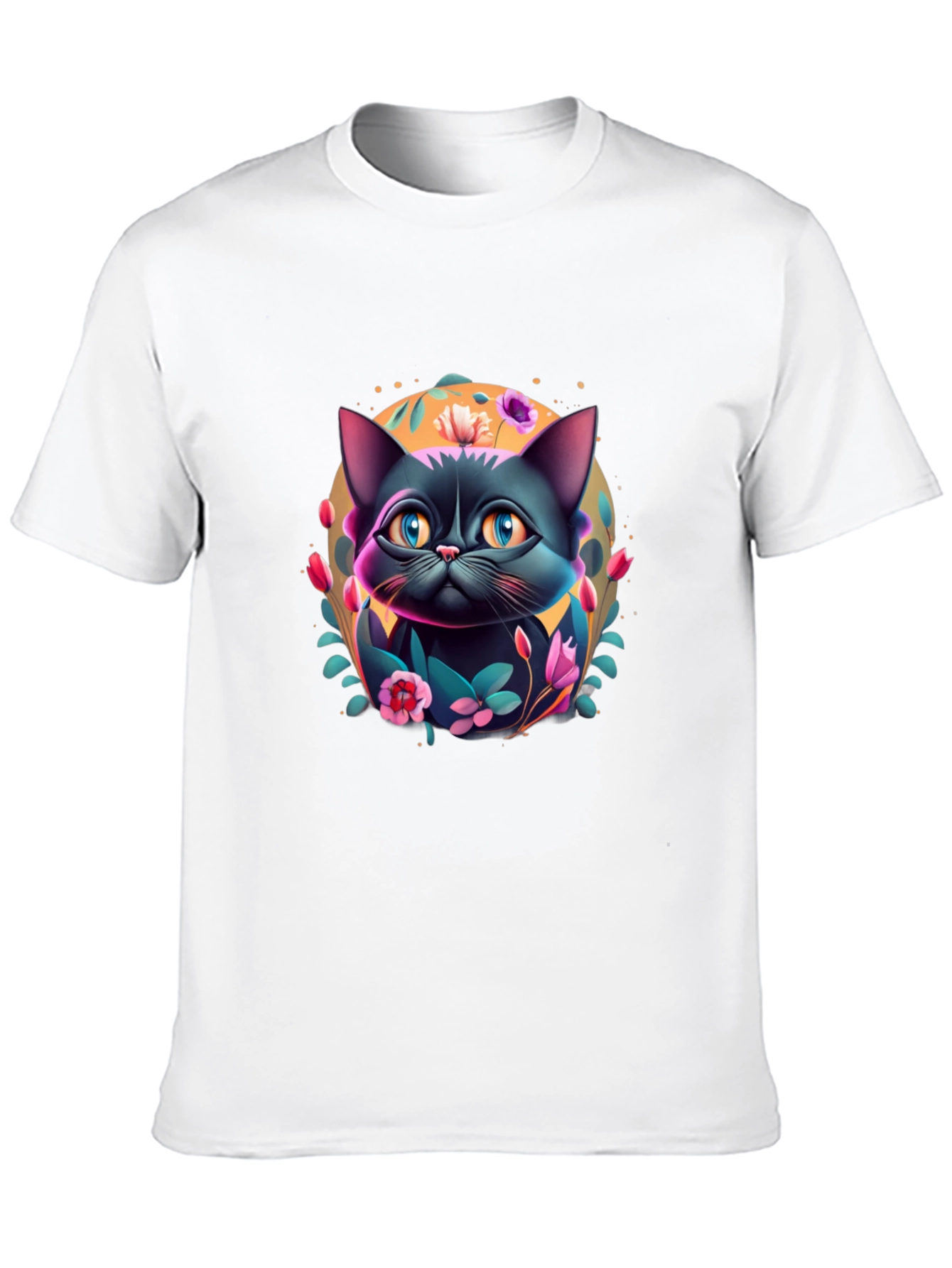 Floral Cat Graphic T-Shirt - Black