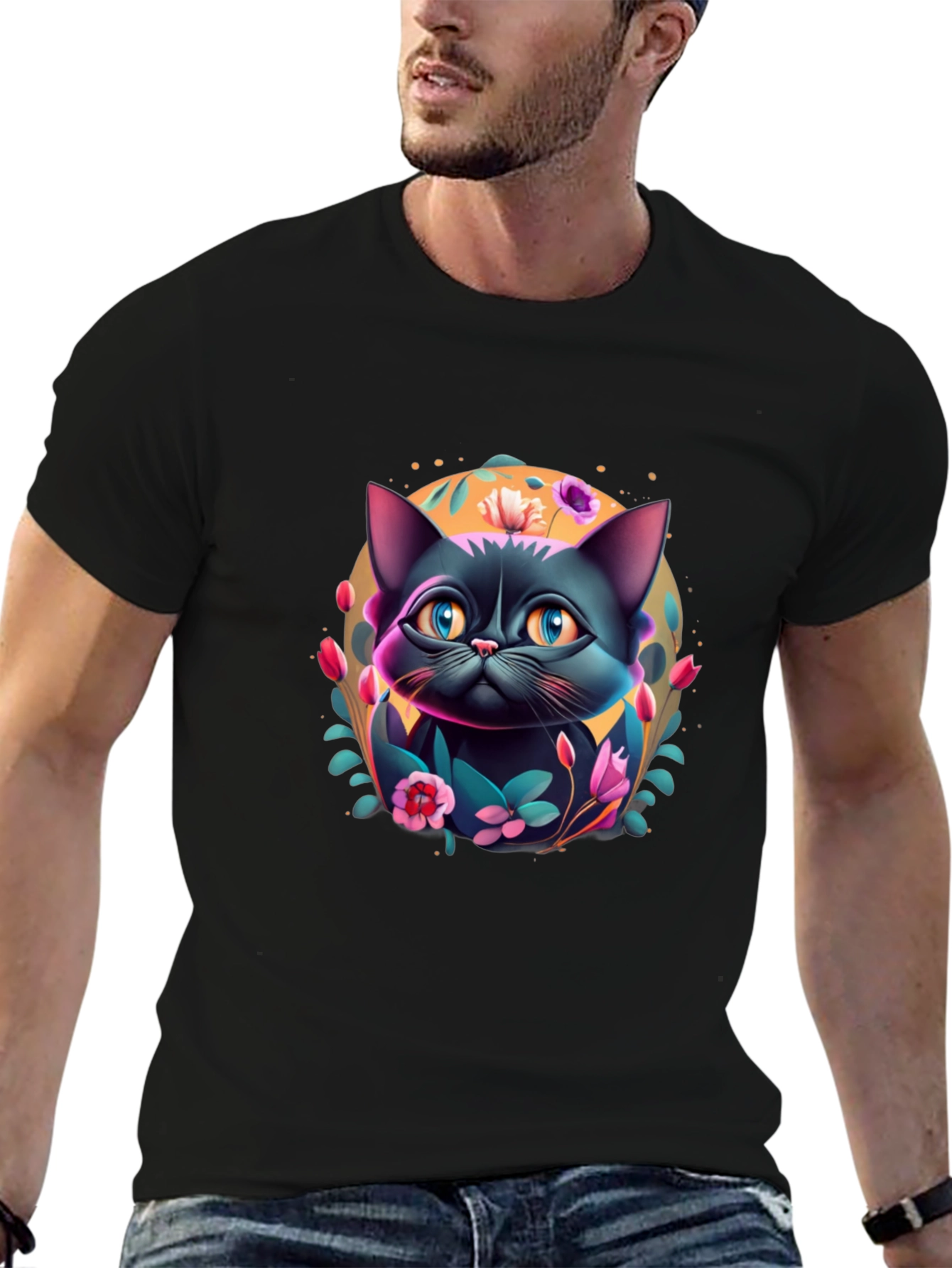 Floral Cat Graphic T-Shirt - Black